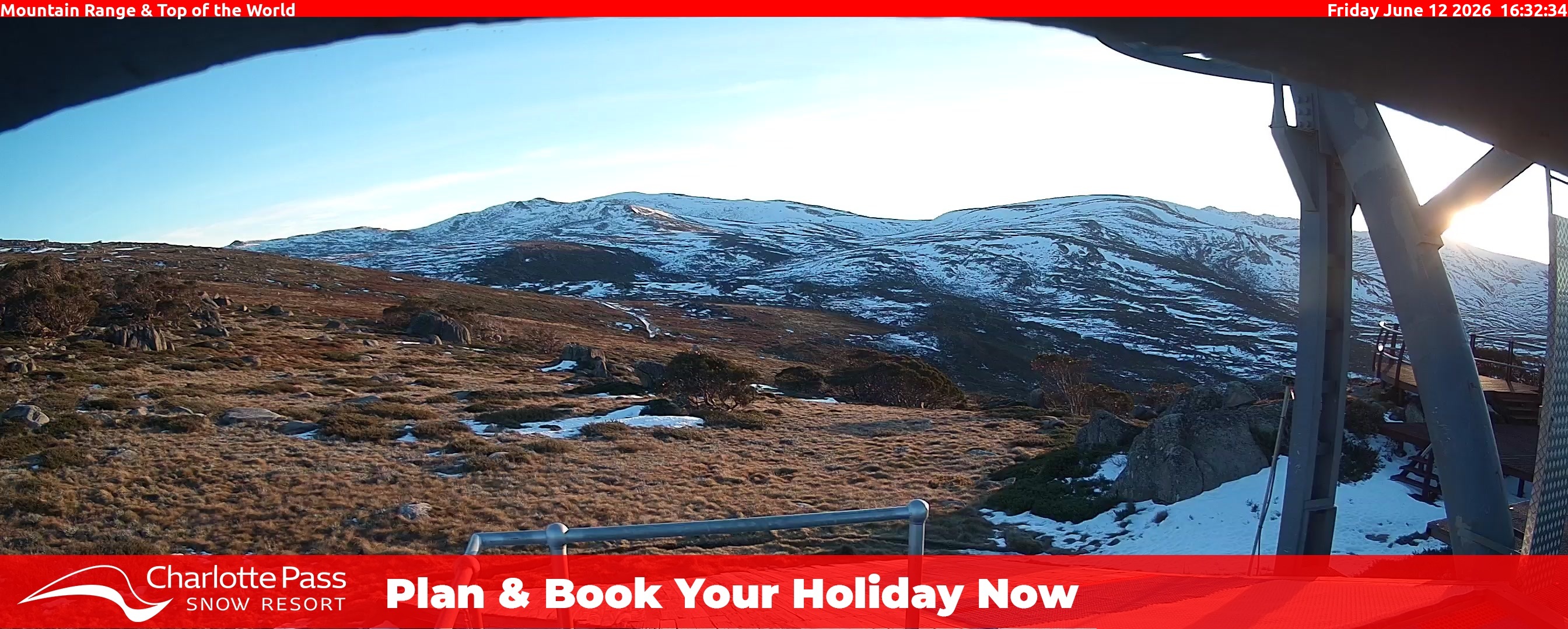 Charlotte Pass Mountain Range and Top of the World snow cam captured at 12 June 2026, 6:34 am