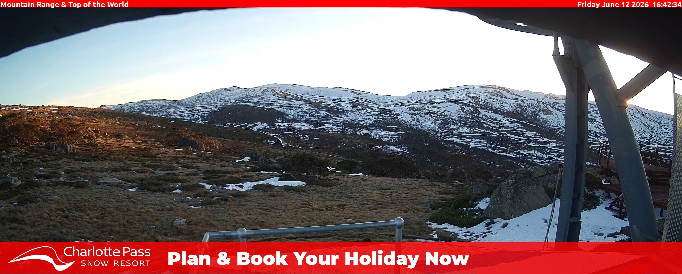 Charlotte Pass Mountain Range and Top of the World snow cam captured at 12 June 2026, 6:46 am