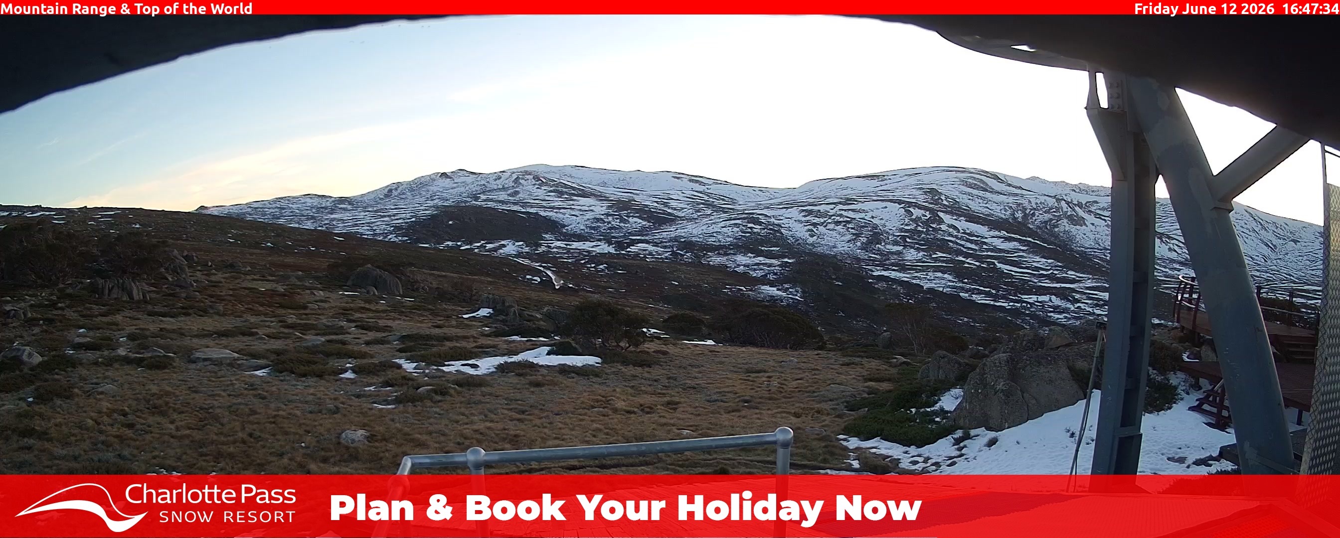 Charlotte Pass Mountain Range and Top of the World snow cam captured at 12 June 2026, 6:52 am