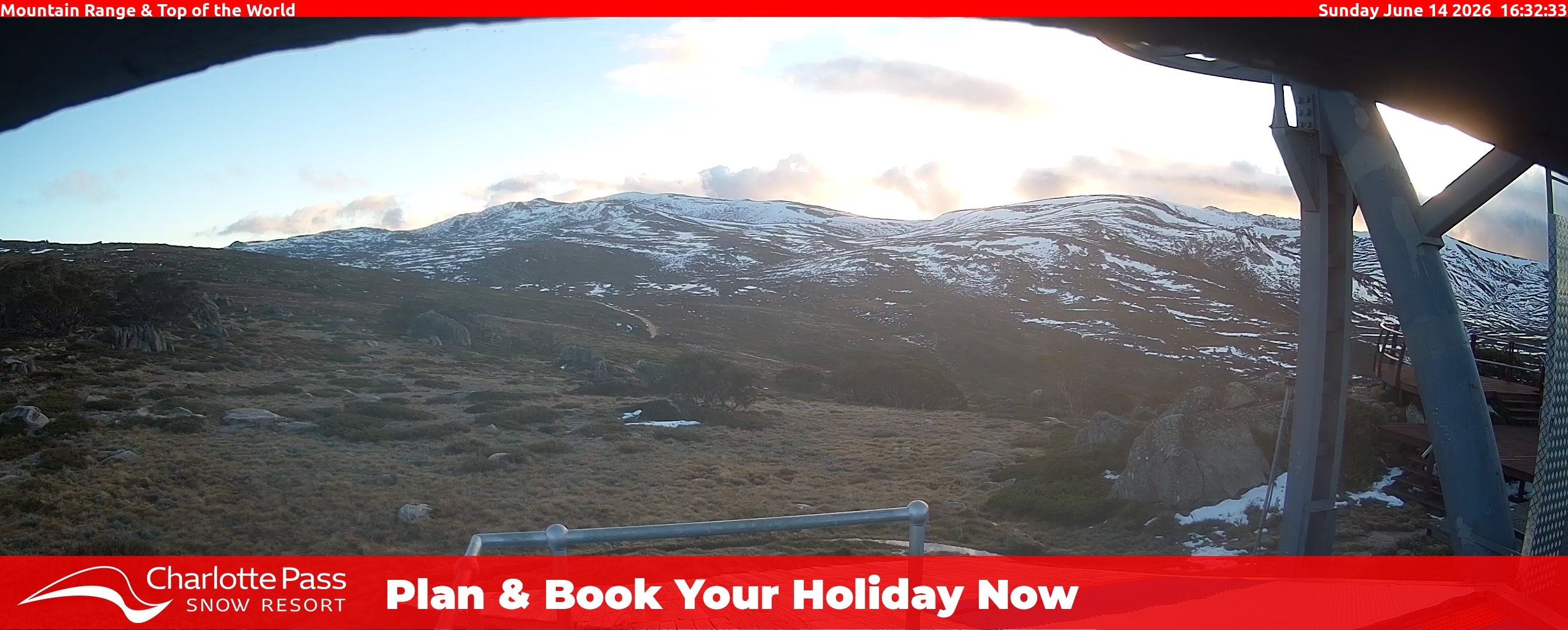 Charlotte Pass Mountain Range and Top of the World snow cam captured at 14 June 2026, 6:35 am