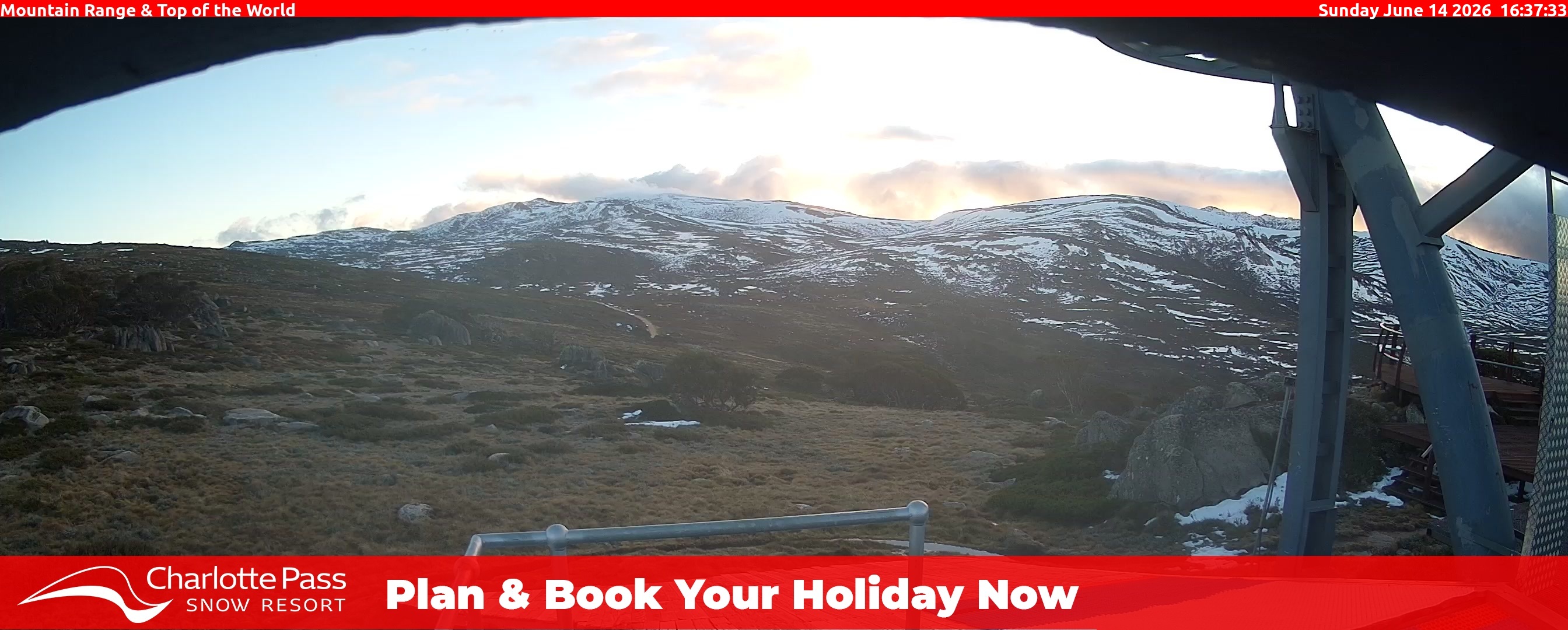 Charlotte Pass Mountain Range and Top of the World snow cam captured at 14 June 2026, 6:41 am