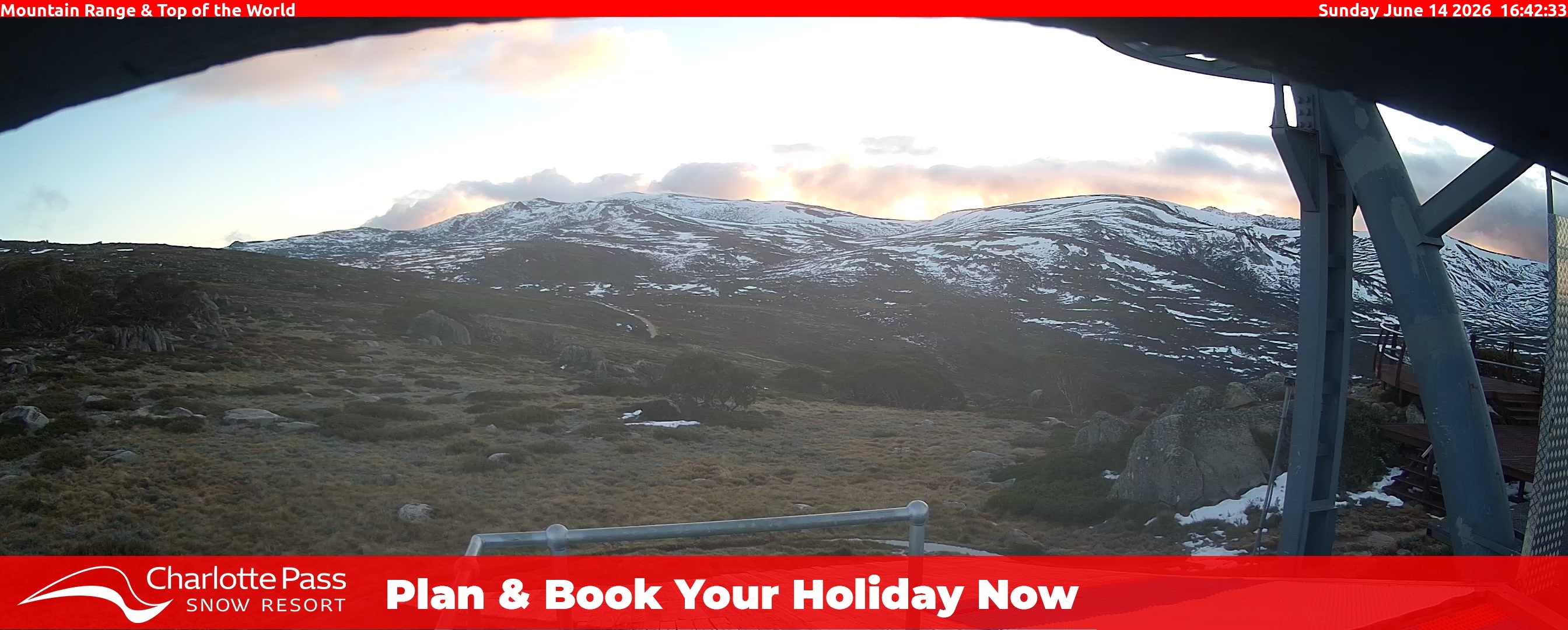 Charlotte Pass Mountain Range and Top of the World snow cam captured at 14 June 2026, 6:47 am