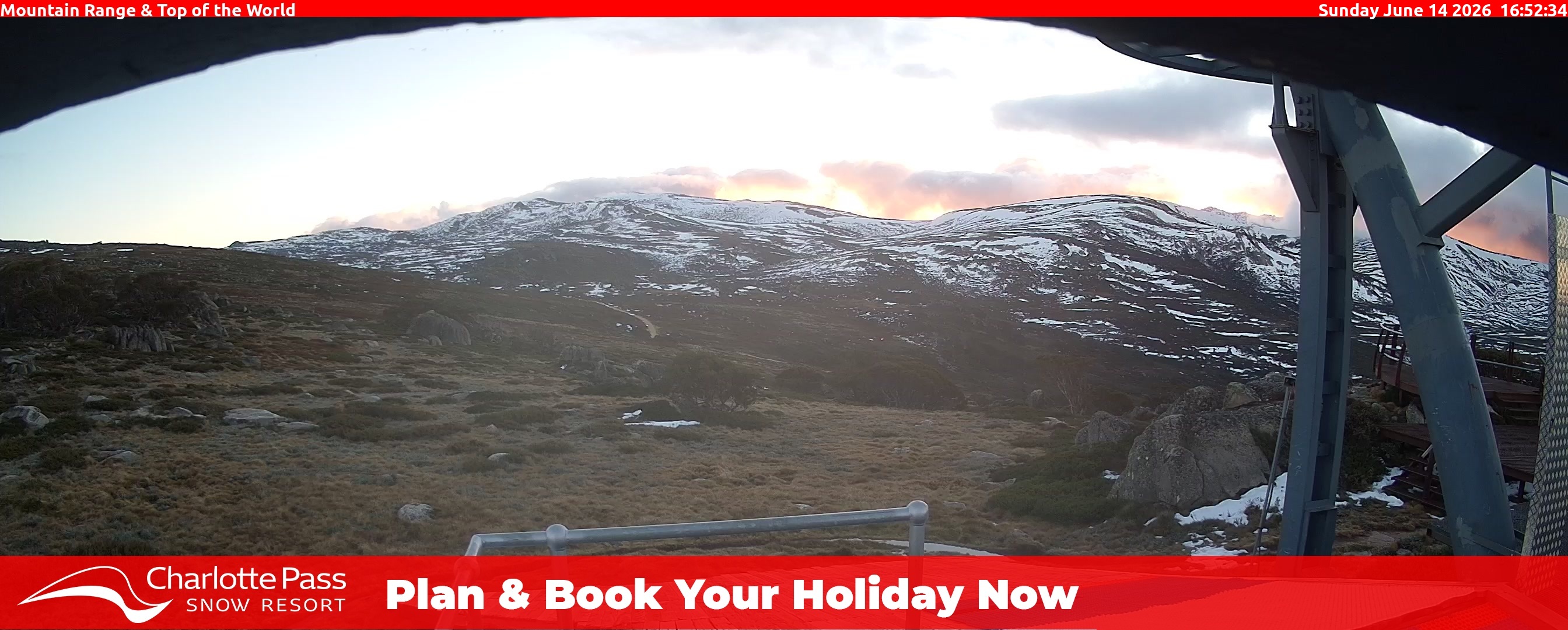 Charlotte Pass Mountain Range and Top of the World snow cam captured at 14 June 2026, 6:53 am