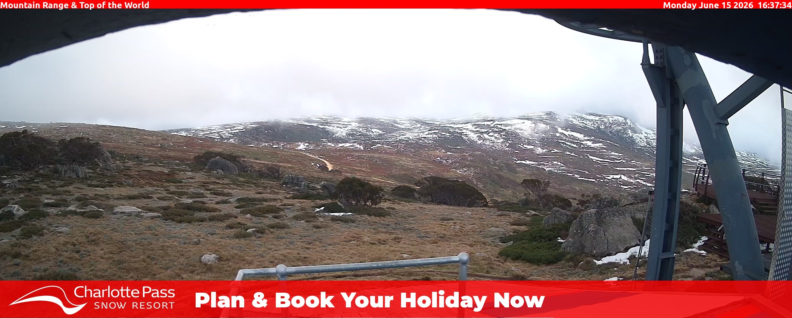 Charlotte Pass Mountain Range and Top of the World snow cam captured at 15 June 2026, 6:41 am