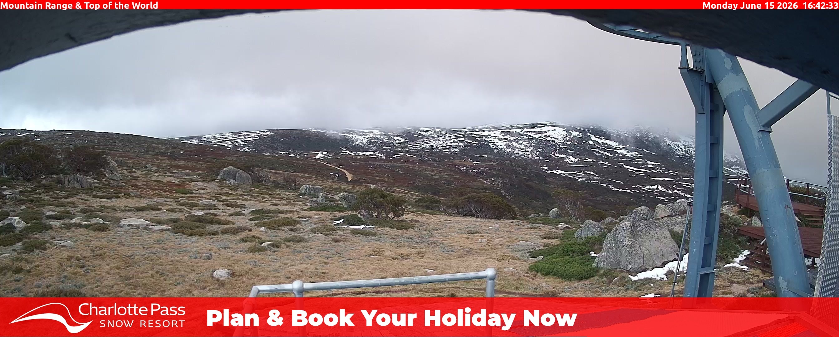 Charlotte Pass Mountain Range and Top of the World snow cam captured at 15 June 2026, 6:47 am