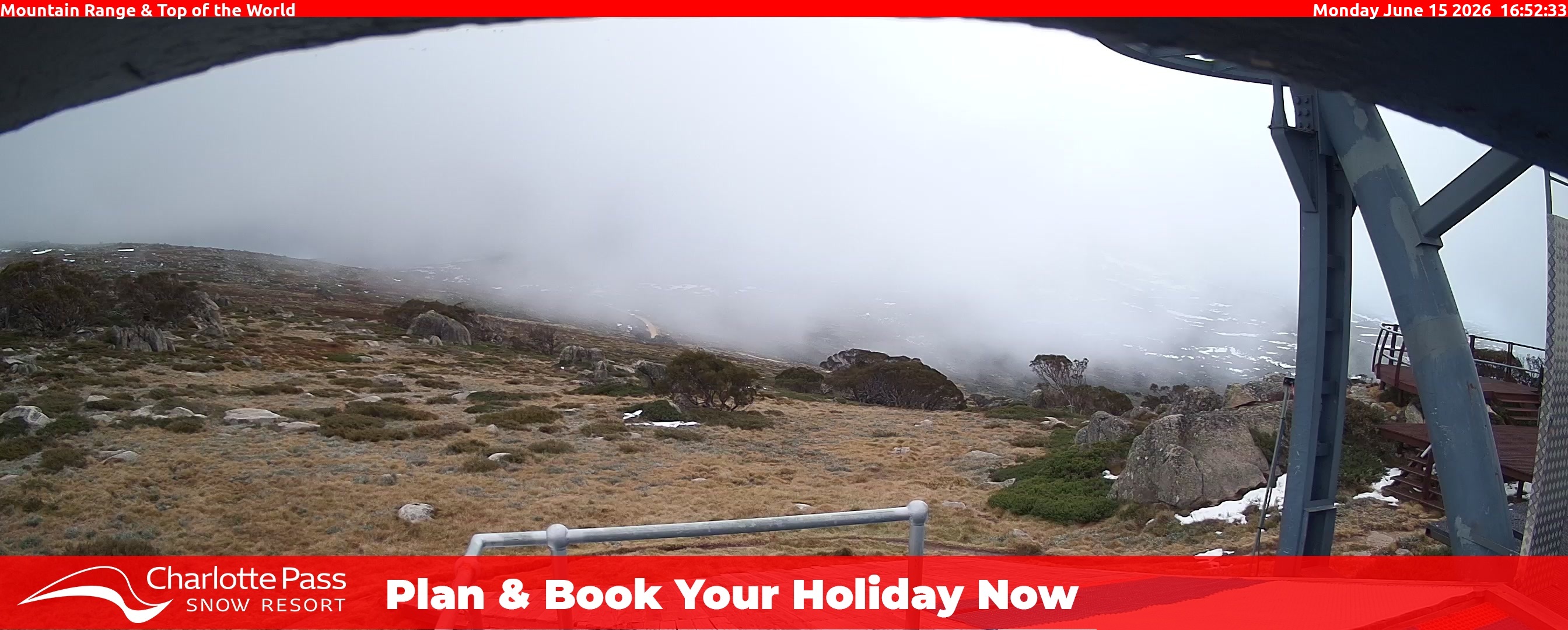 Charlotte Pass Mountain Range and Top of the World snow cam captured at 15 June 2026, 6:53 am