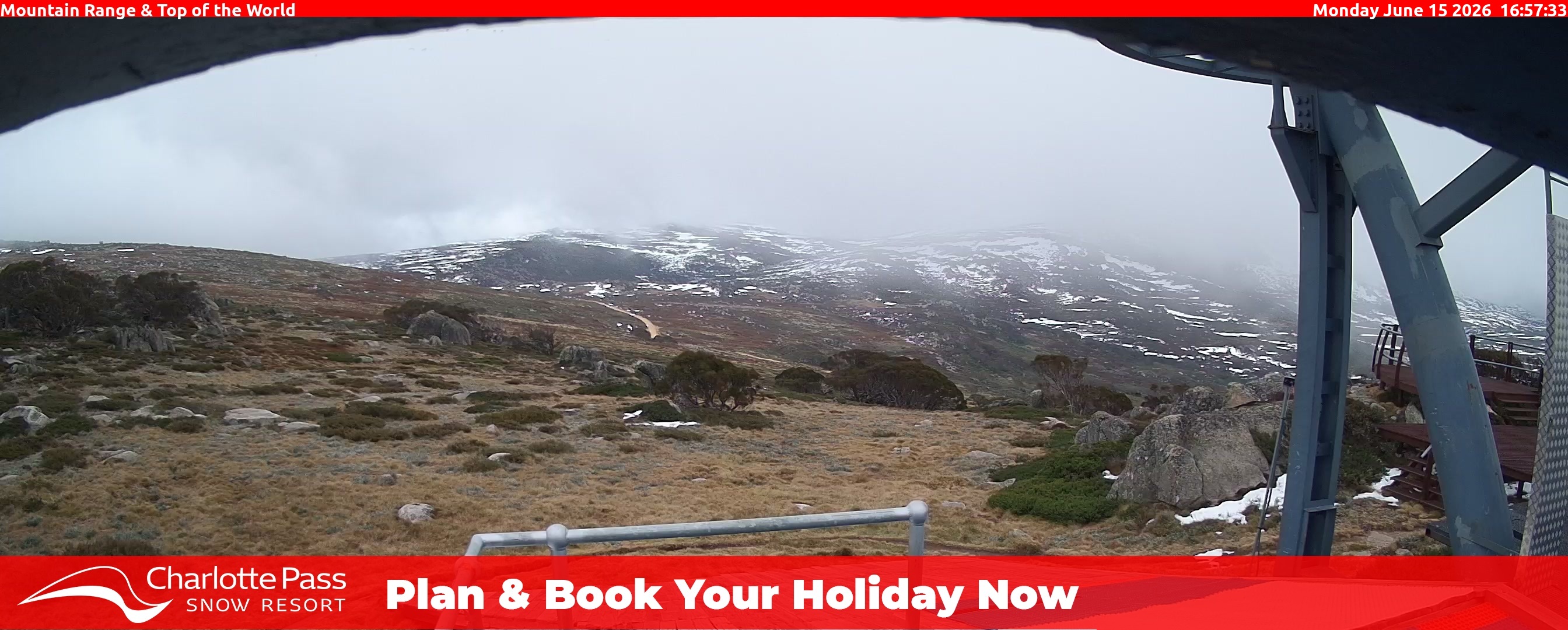 Charlotte Pass Mountain Range and Top of the World snow cam captured at 15 June 2026, 6:59 am