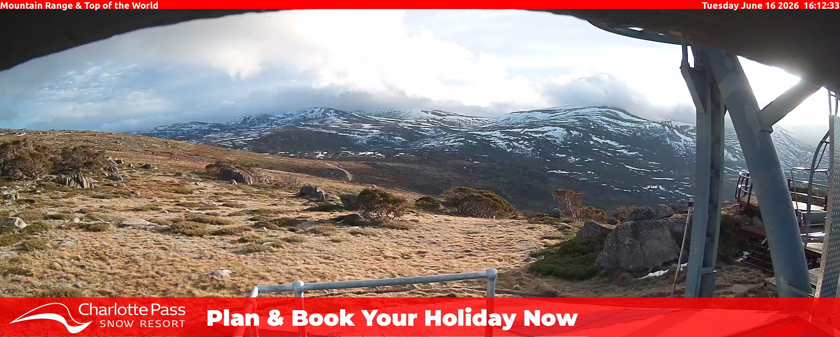 Charlotte Pass Mountain Range and Top of the World snow cam captured at 16 June 2026, 6:12 am