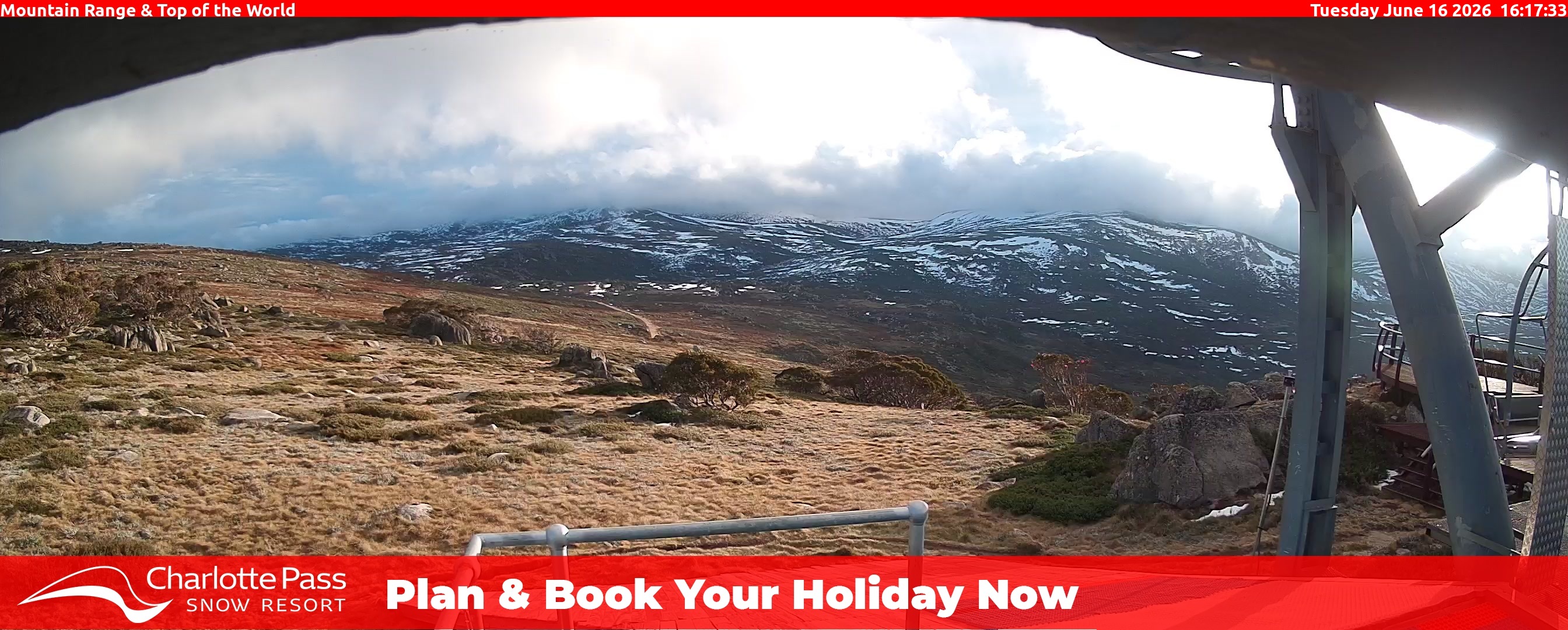 Charlotte Pass Mountain Range and Top of the World snow cam captured at 16 June 2026, 6:18 am