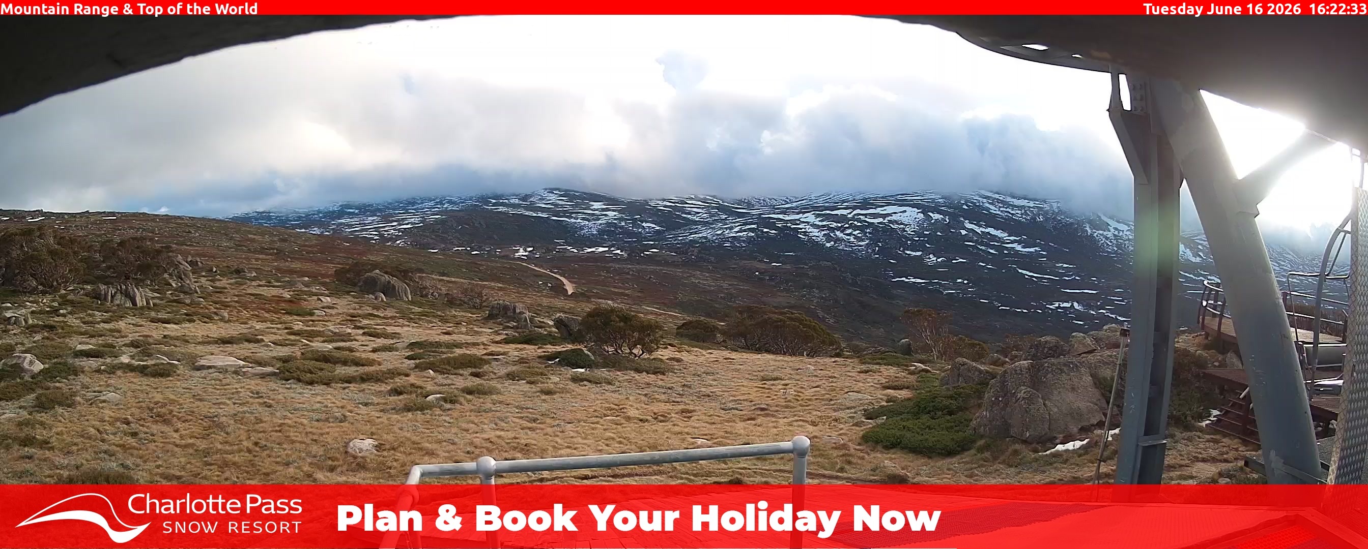 Charlotte Pass Mountain Range and Top of the World snow cam captured at 16 June 2026, 6:24 am