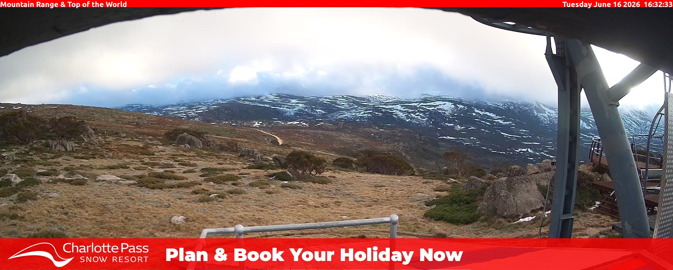 Charlotte Pass Mountain Range and Top of the World snow cam captured at 16 June 2026, 6:36 am