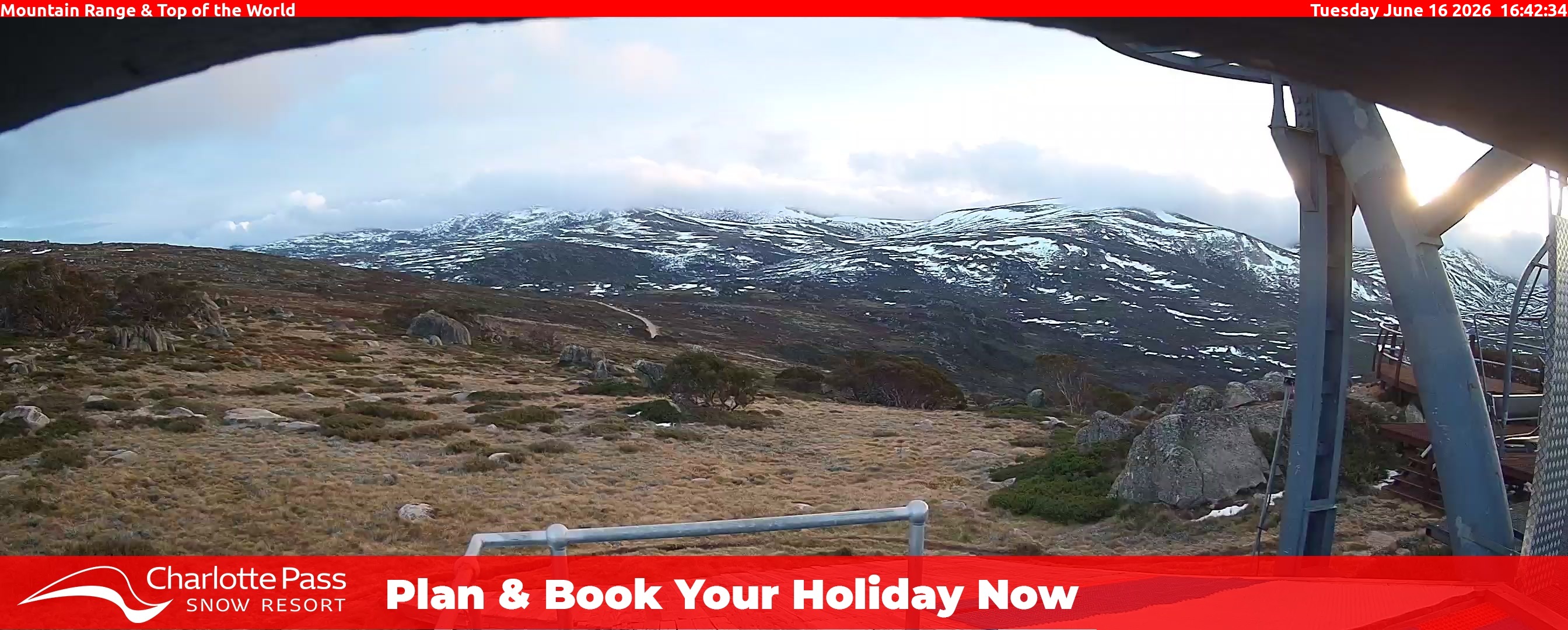 Charlotte Pass Mountain Range and Top of the World snow cam captured at 16 June 2026, 6:42 am