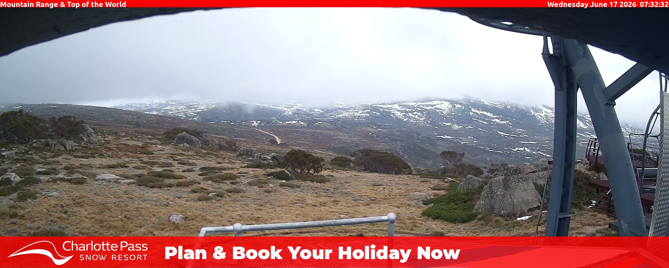 Charlotte Pass Mountain Range and Top of the World snow cam captured at 16 June 2026, 9:32 pm