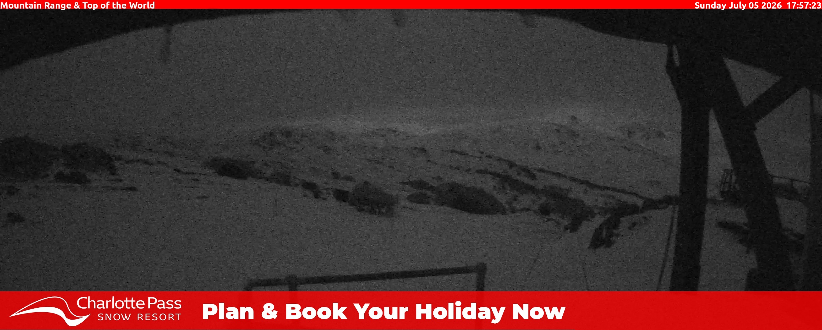 Charlotte Pass Mountain Range and Top of the World snow cam captured at 5 July 2026 at 6:02 pm AEST