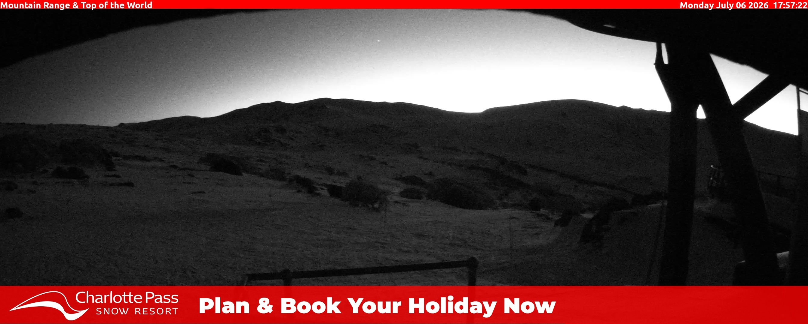 Charlotte Pass Mountain Range and Top of the World snow cam captured at 6 July 2026 at 6:03 pm AEST