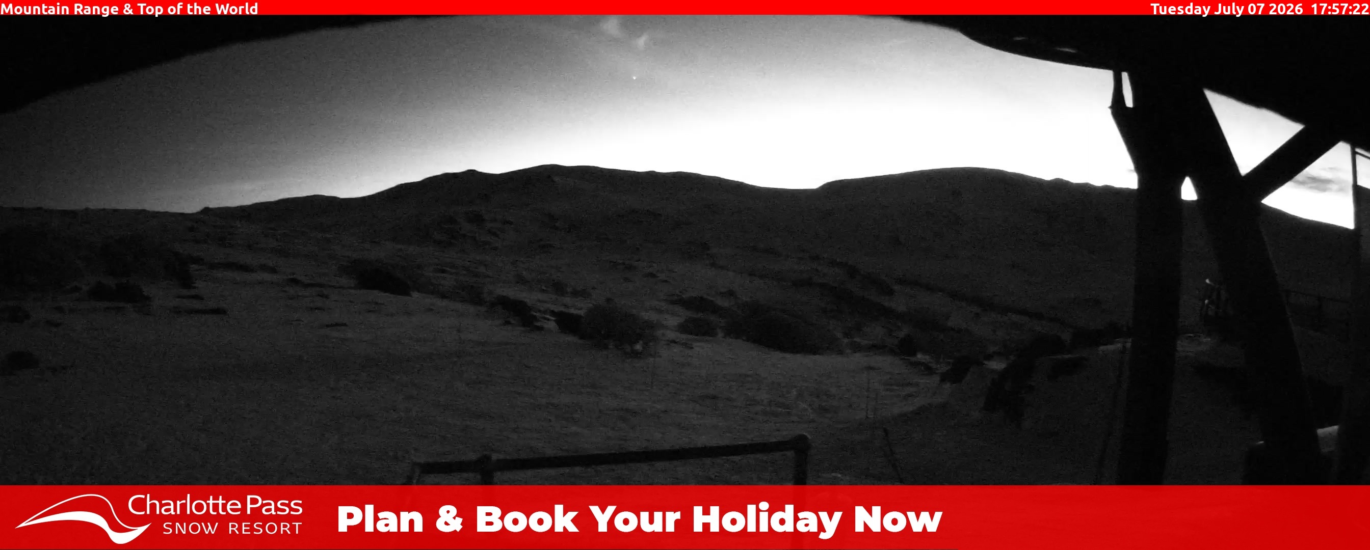 Charlotte Pass Mountain Range and Top of the World snow cam captured at 7 July 2026 at 6:04 pm AEST