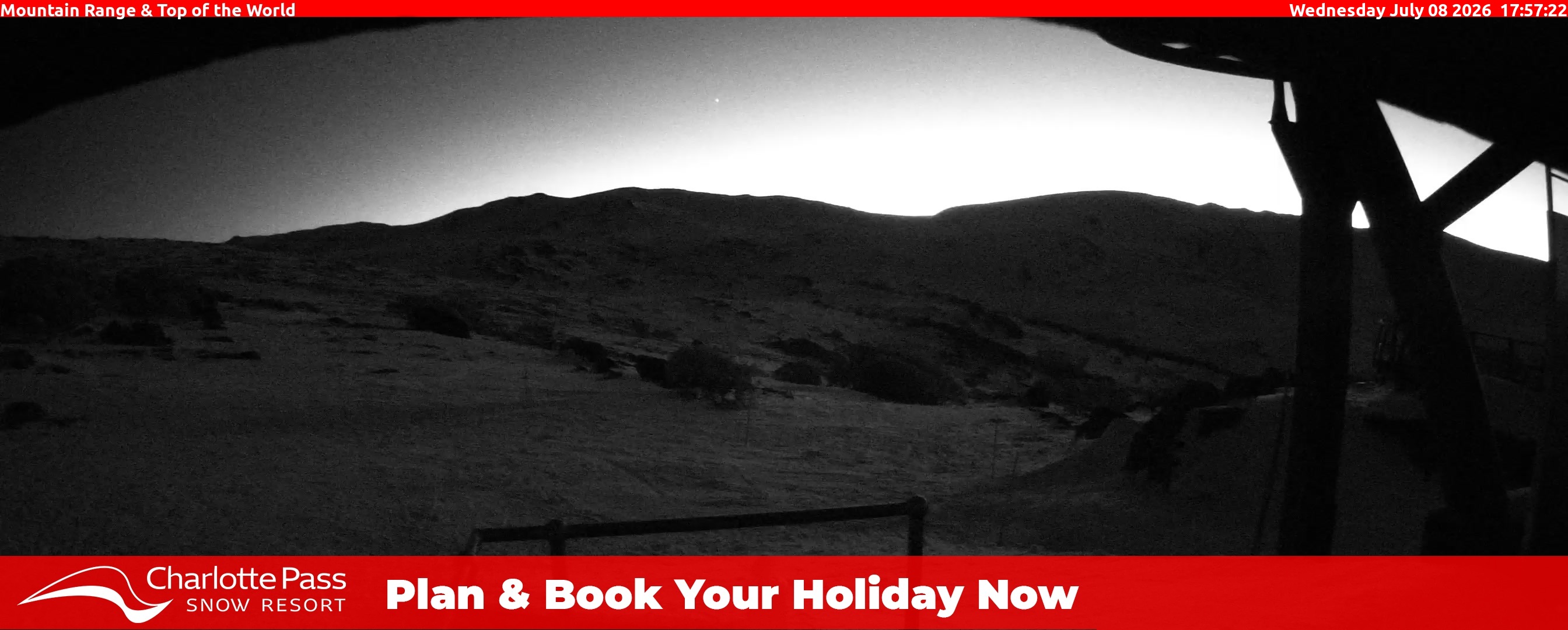 Charlotte Pass Mountain Range and Top of the World snow cam captured at 8 July 2026 at 6:05 pm AEST