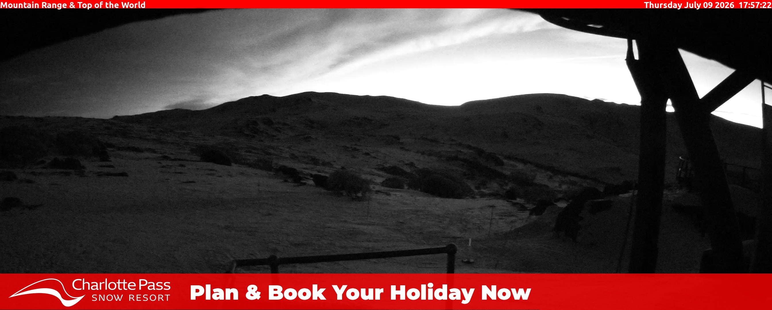 Charlotte Pass Mountain Range and Top of the World snow cam captured at 9 July 2026 at 6:06 pm AEST