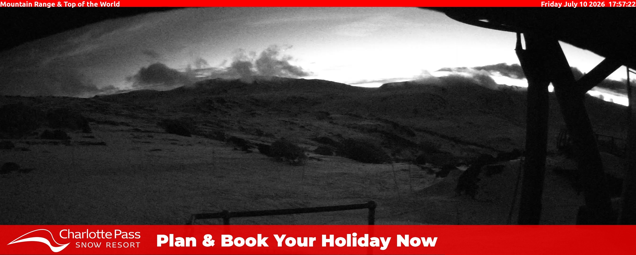 Charlotte Pass Mountain Range and Top of the World snow cam captured at 10 July 2026 at 6:07 pm AEST