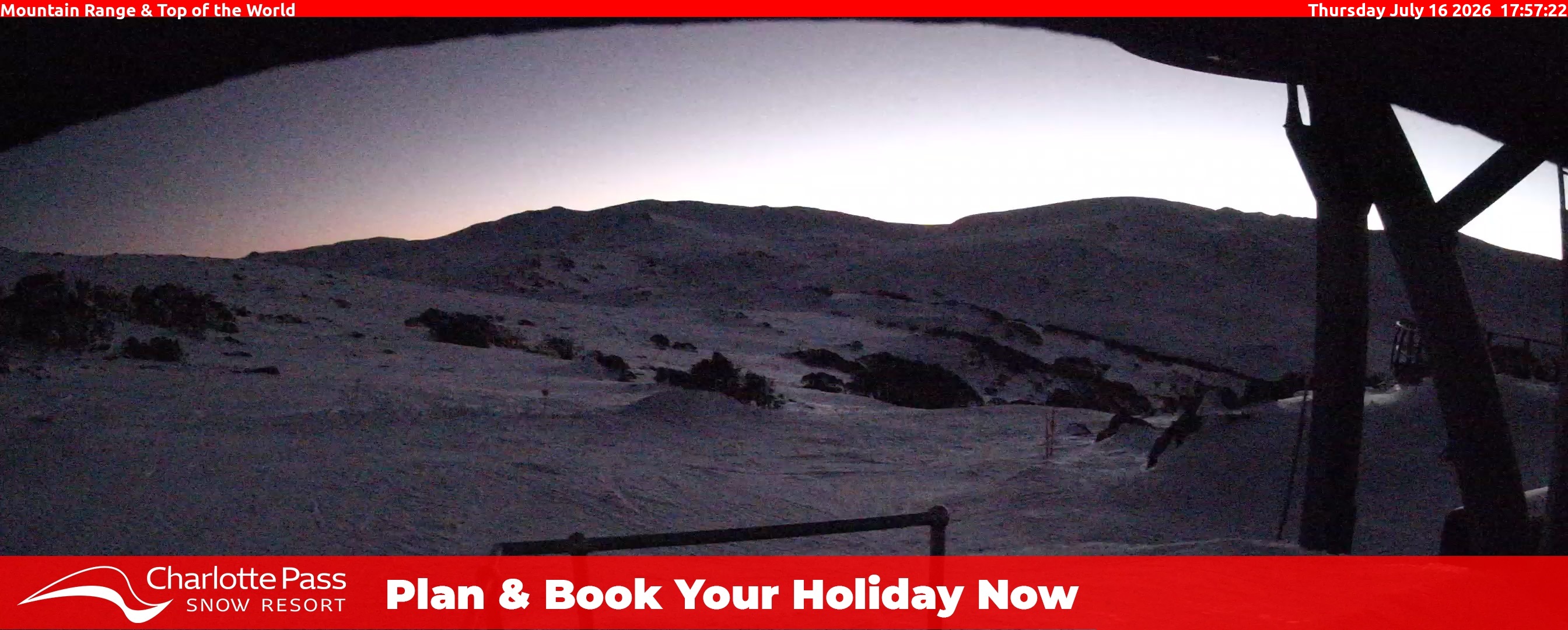 Charlotte Pass Mountain Range and Top of the World snow cam captured at 16 July 2026 at 6:03 pm AEST