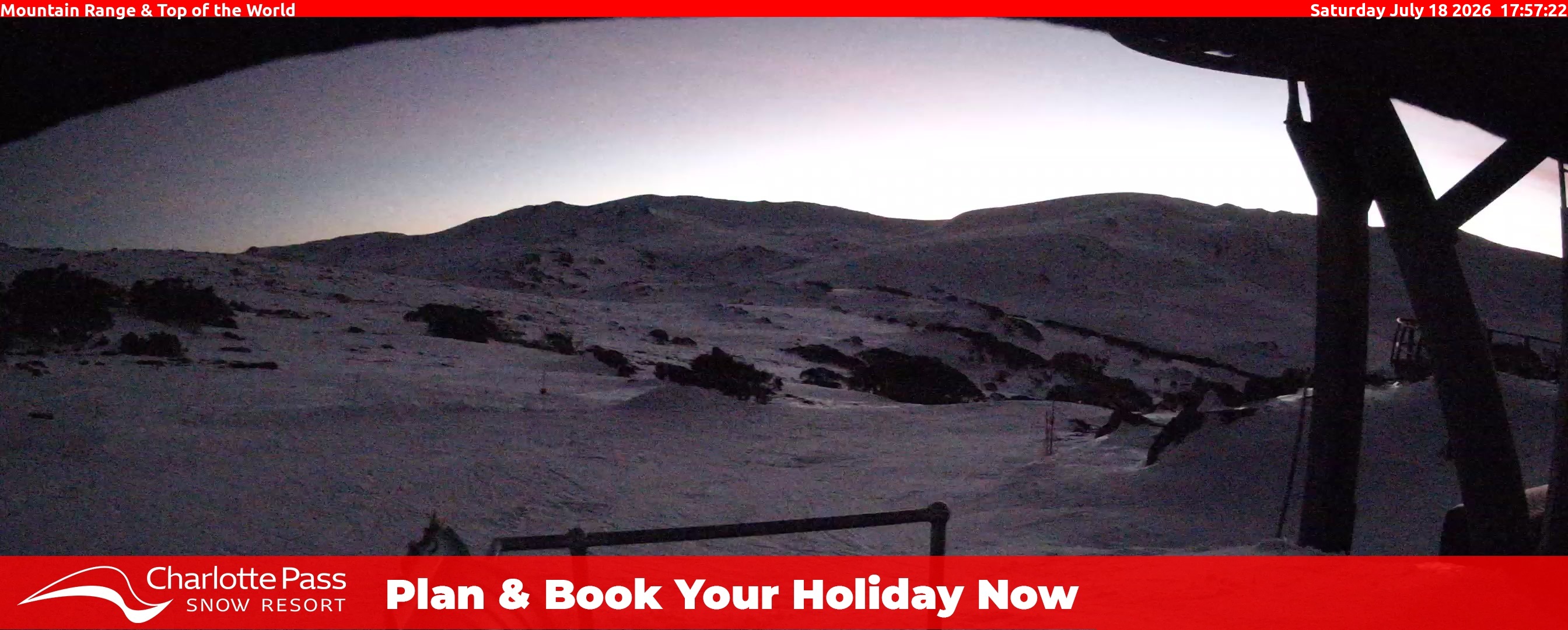 Charlotte Pass Mountain Range and Top of the World snow cam captured at 18 July 2026 at 6:05 pm AEST