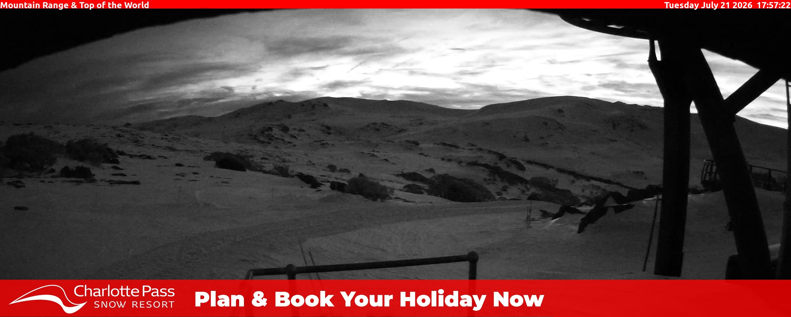 Charlotte Pass Mountain Range and Top of the World snow cam captured at 21 July 2026 at 5:58 pm AEST