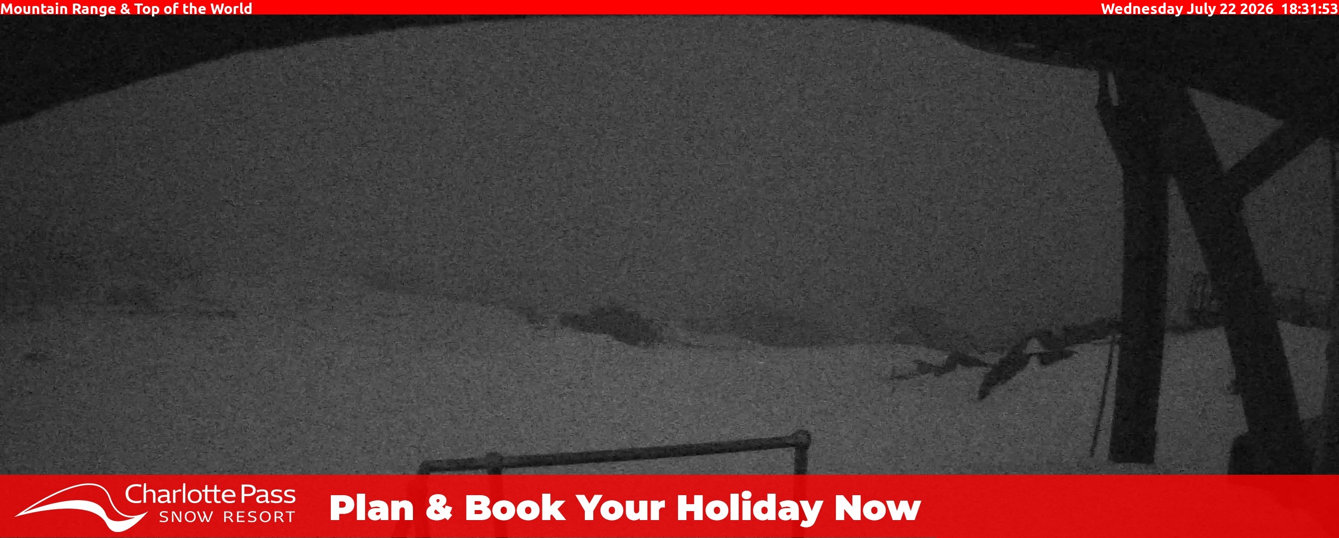 Charlotte Pass Mountain Range and Top of the World snow cam captured at 22 July 2026 at 6:41 pm AEST