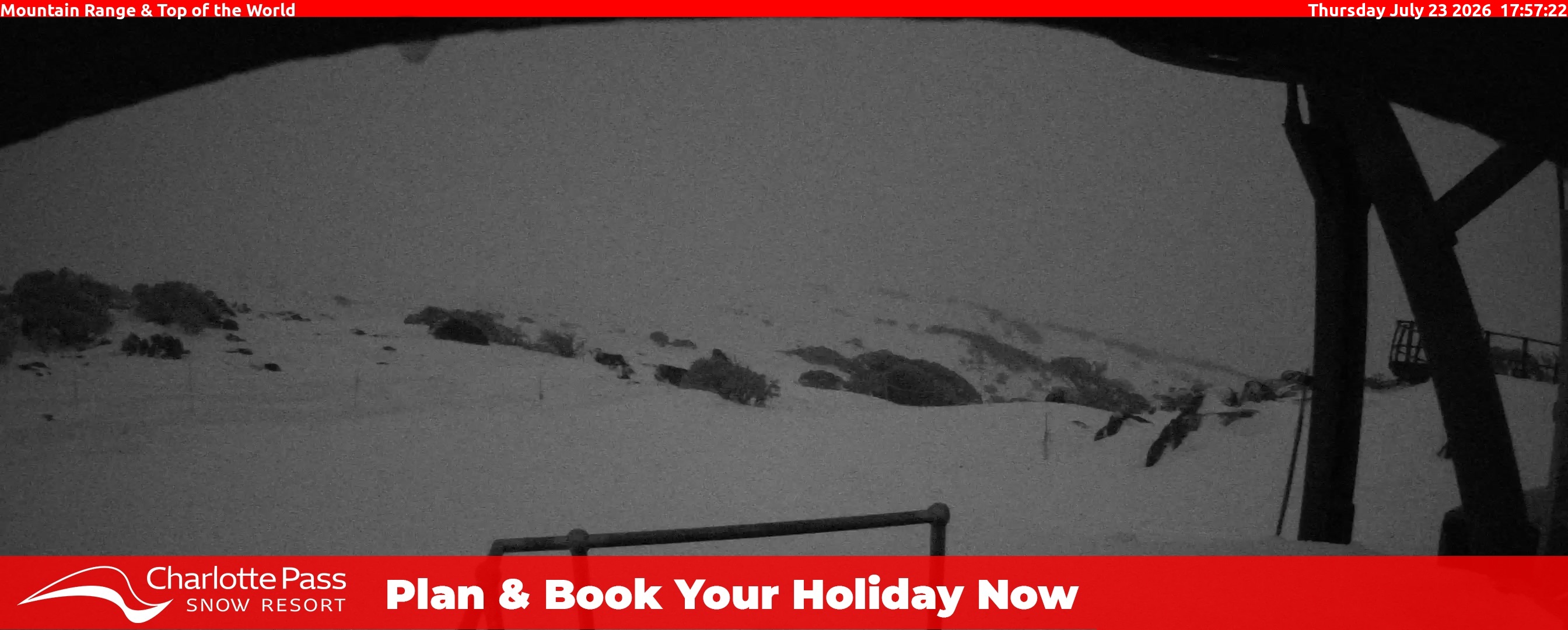 Charlotte Pass Mountain Range and Top of the World snow cam captured at 23 July 2026 at 5:59 pm AEST