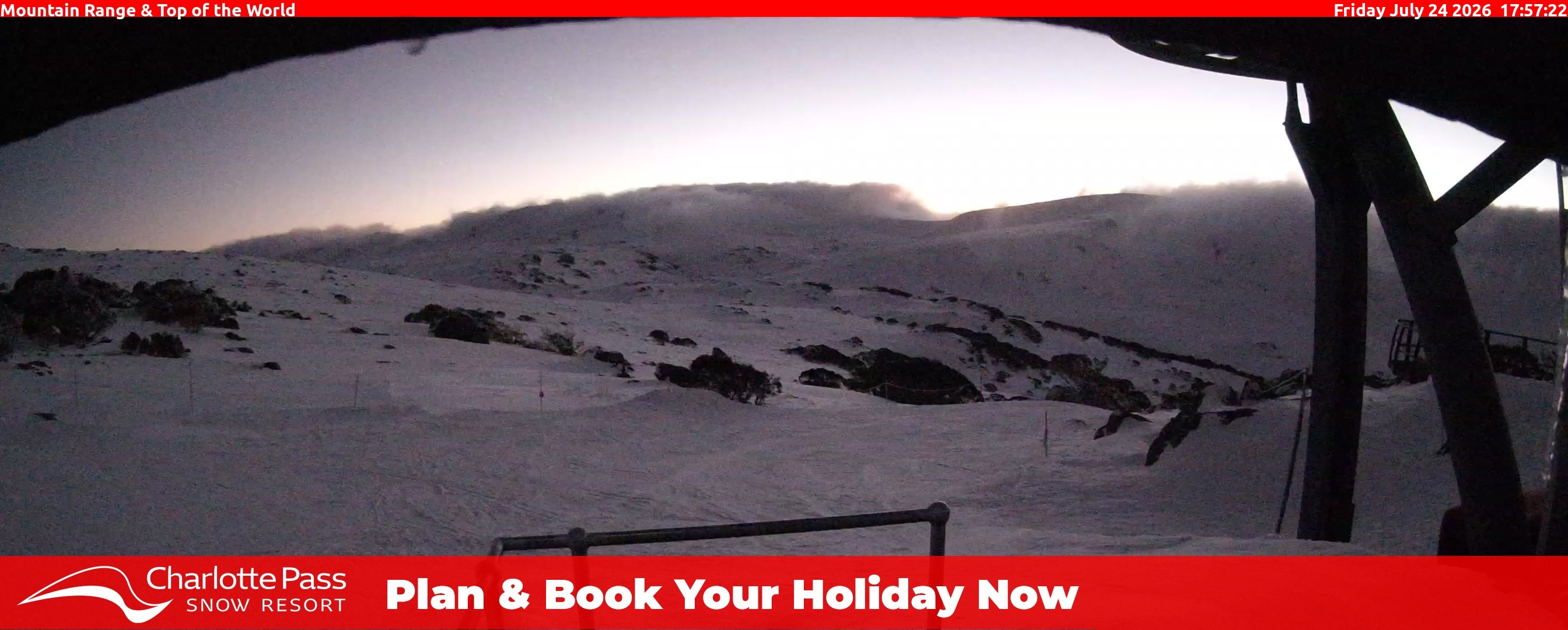 Charlotte Pass Mountain Range and Top of the World snow cam captured at 24 July 2026 at 6:01 pm AEST