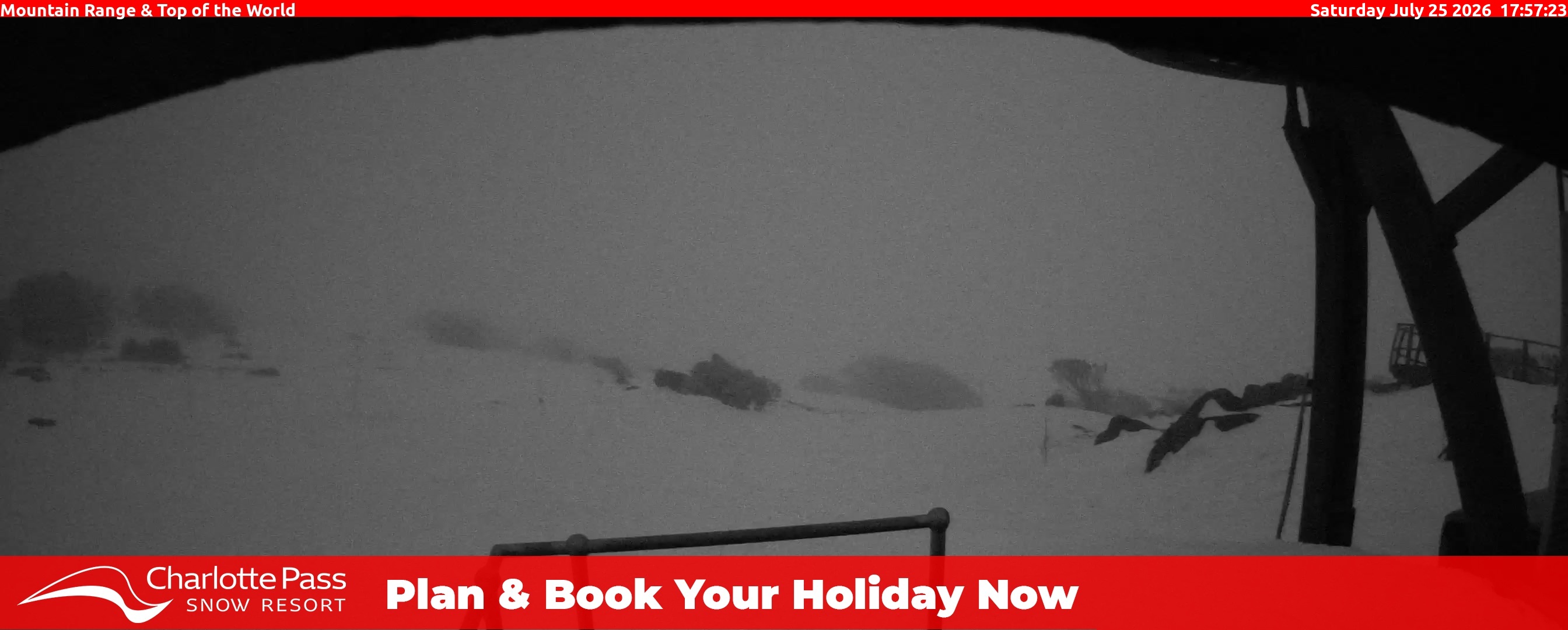 Charlotte Pass Mountain Range and Top of the World snow cam captured at 25 July 2026 at 6:02 pm AEST