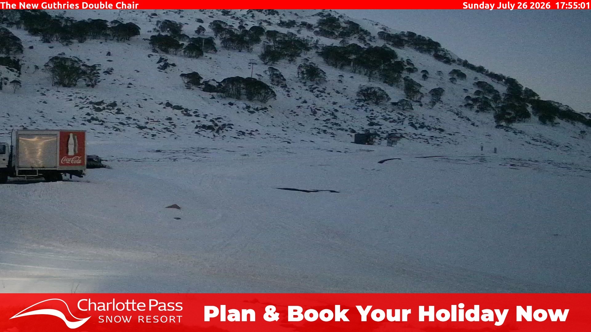 Charlotte Pass Mountain Range and Top of the World snow cam captured at 26 July 2026 at 6:03 pm AEST