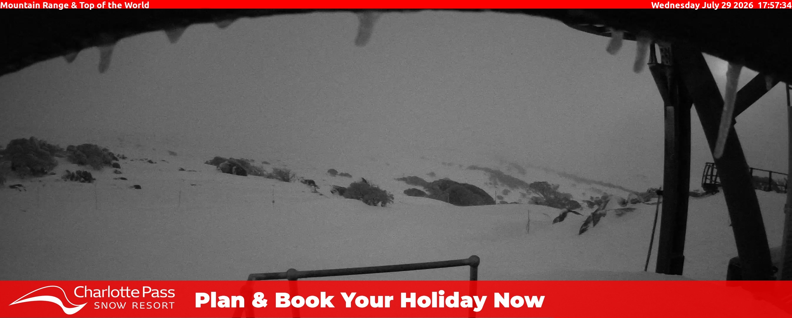Charlotte Pass Mountain Range and Top of the World snow cam captured at 29 July 2026 at 7:33 pm AEST