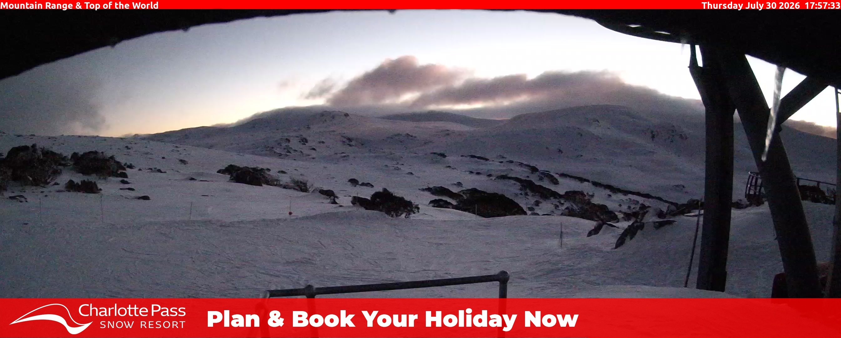 Charlotte Pass Mountain Range and Top of the World snow cam captured at 30 July 2026 at 6:06 pm AEST