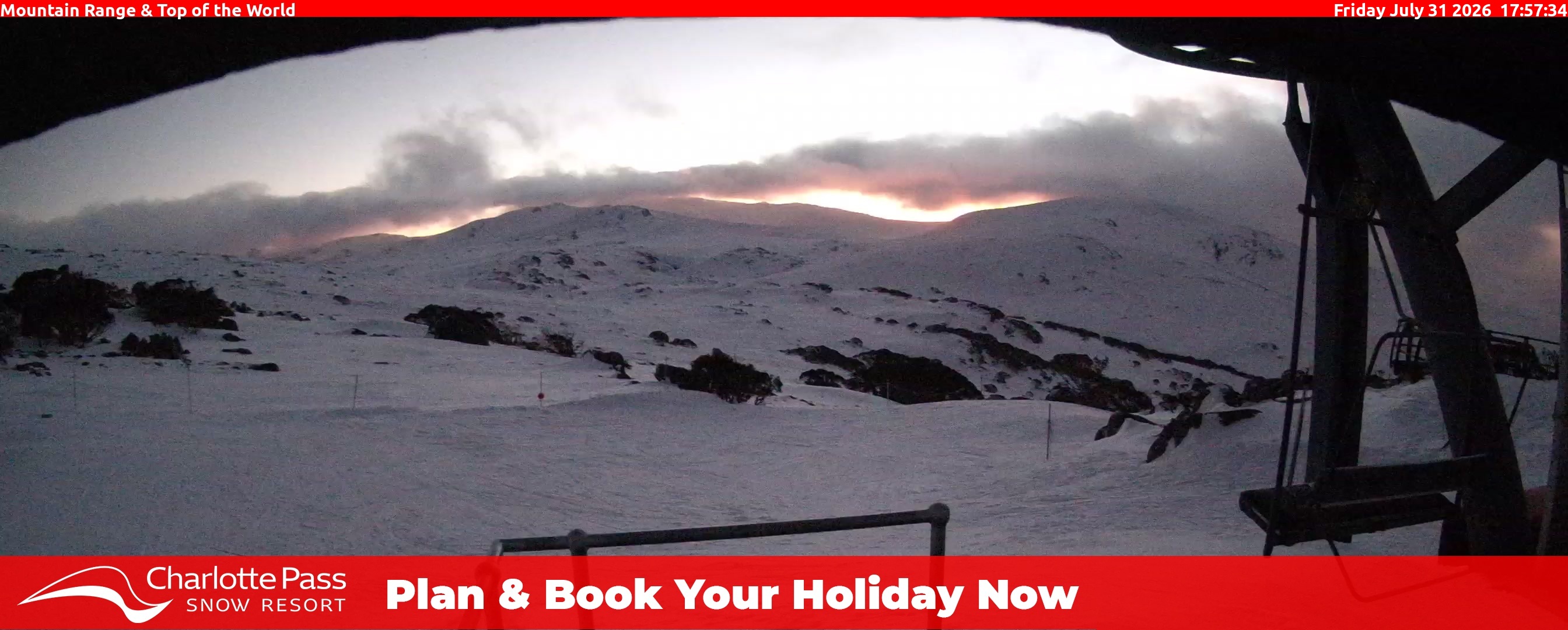 Charlotte Pass Mountain Range and Top of the World snow cam captured at 31 July 2026 at 6:07 pm AEST
