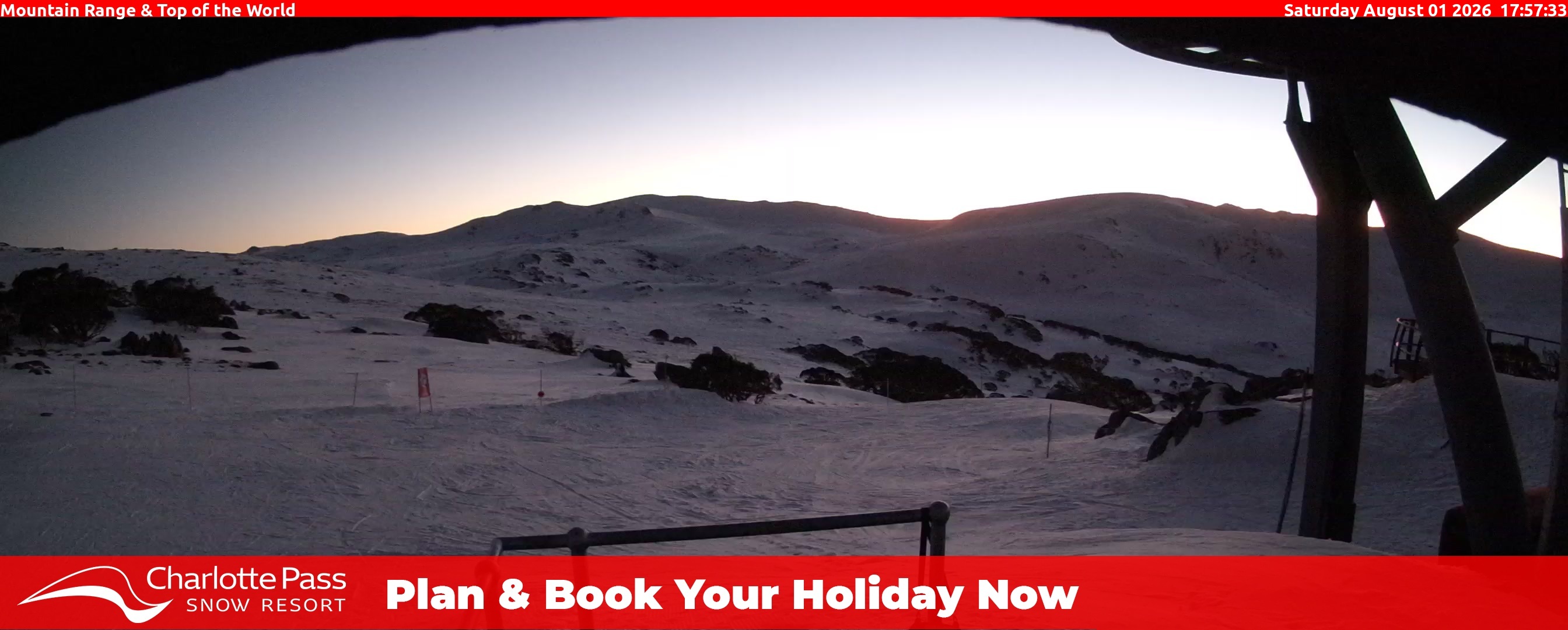 Charlotte Pass Mountain Range and Top of the World snow cam captured at 1 August 2026 at 6:03 pm AEST