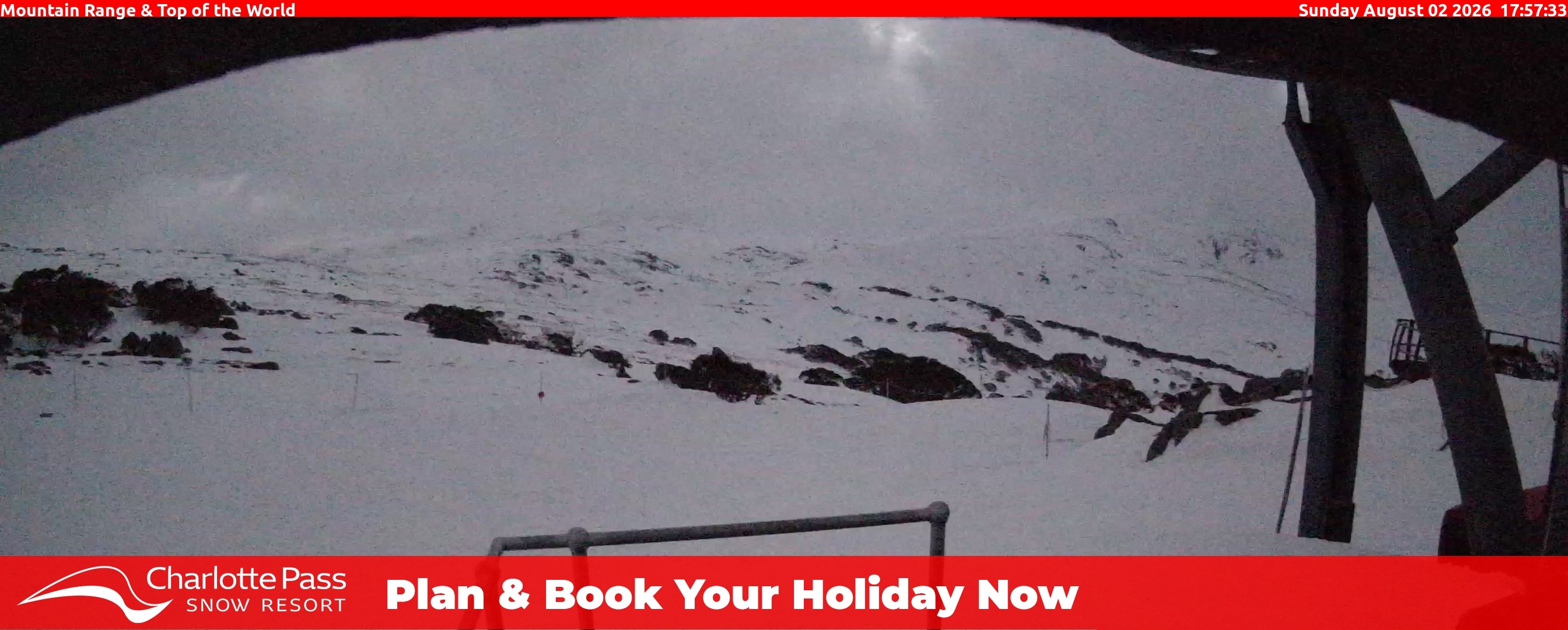 Charlotte Pass Mountain Range and Top of the World snow cam captured at 2 August 2026 at 6:00 pm AEST
