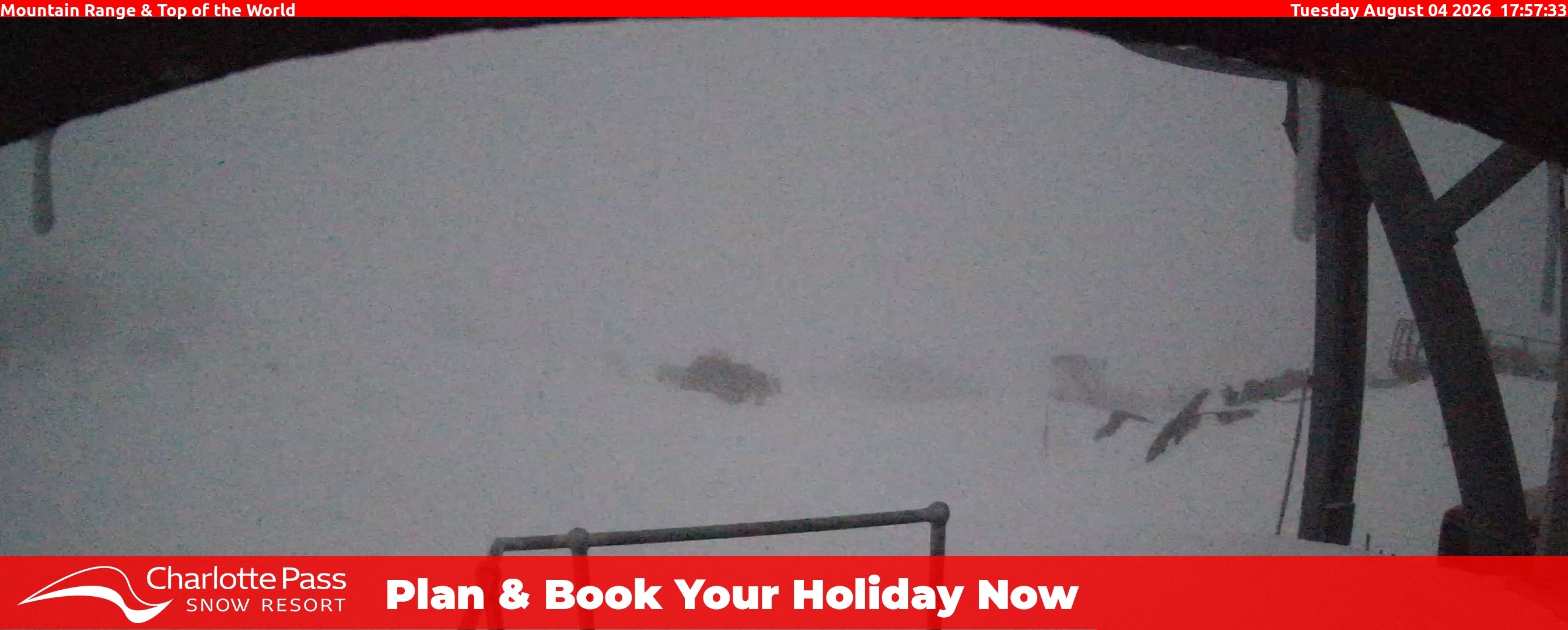 Charlotte Pass Mountain Range and Top of the World snow cam captured at 4 August 2026 at 6:02 pm AEST