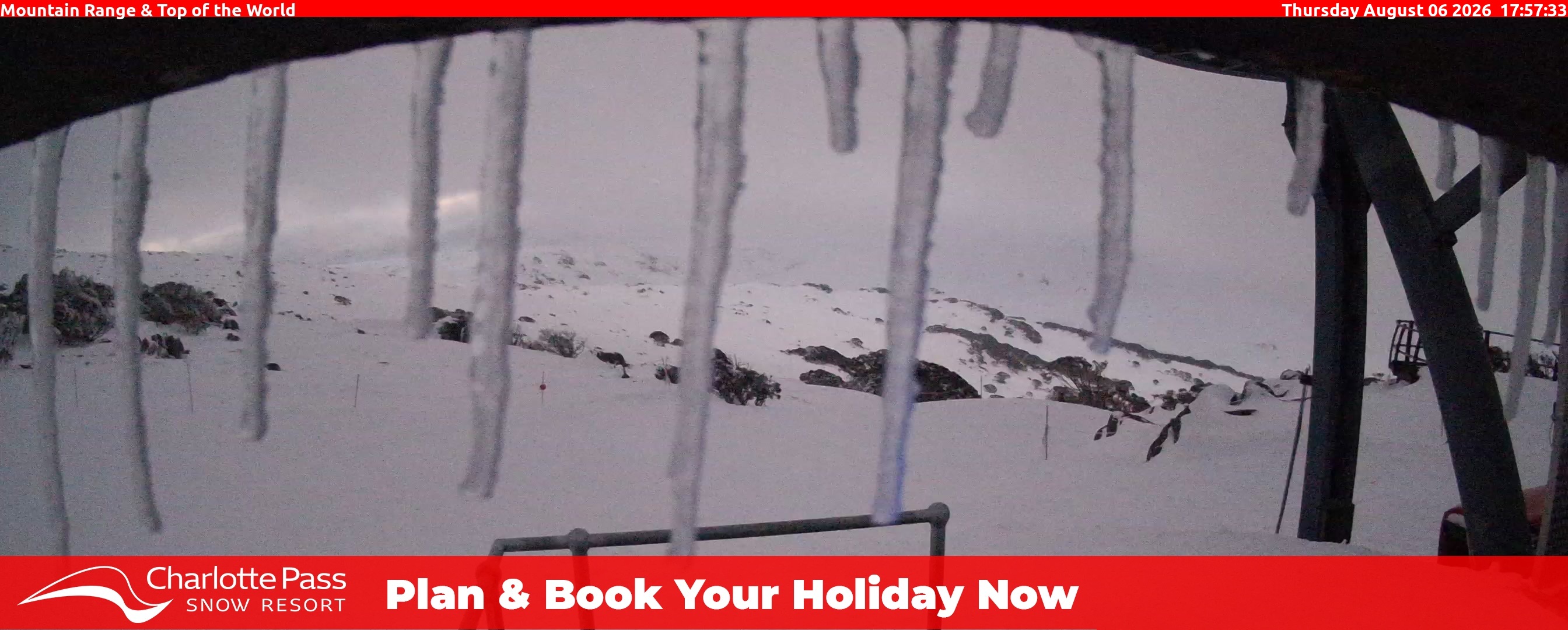 Charlotte Pass Mountain Range and Top of the World snow cam captured at 6 August 2026 at 6:06 pm AEST