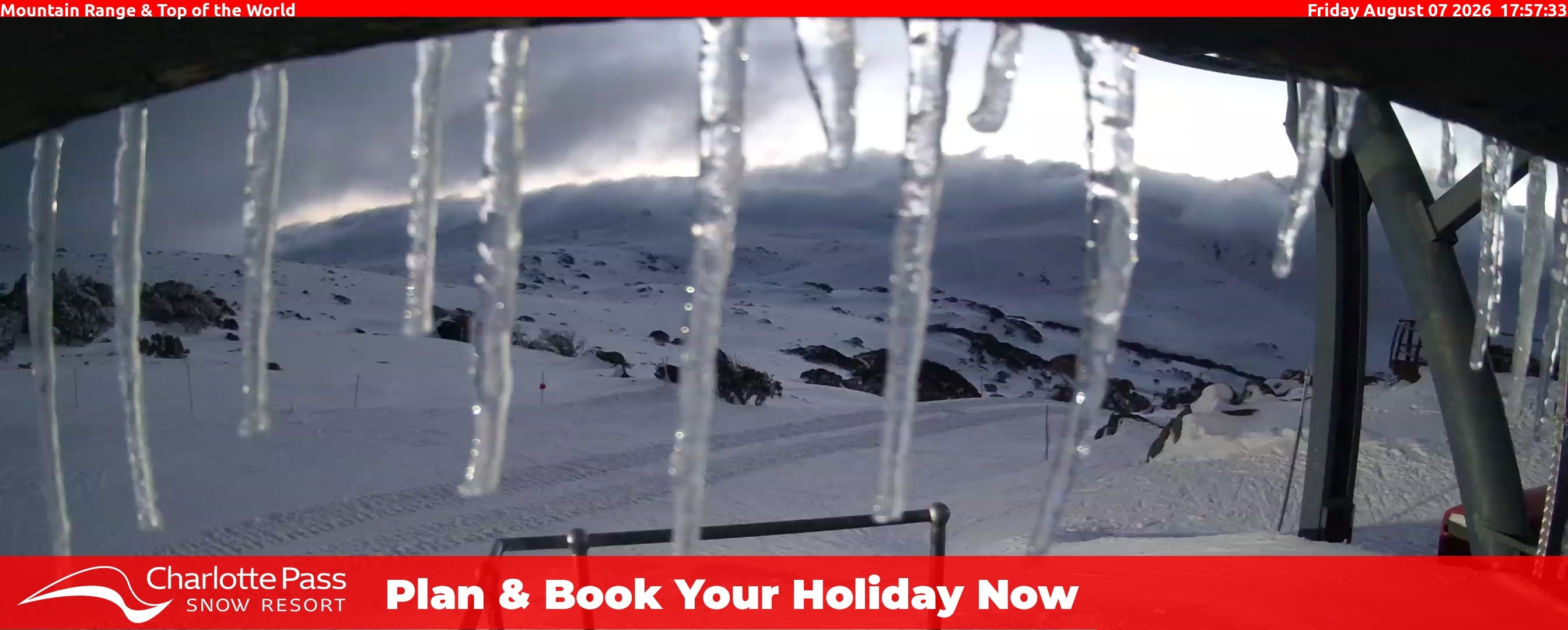 Charlotte Pass Mountain Range and Top of the World snow cam captured at 7 August 2026 at 6:07 pm AEST