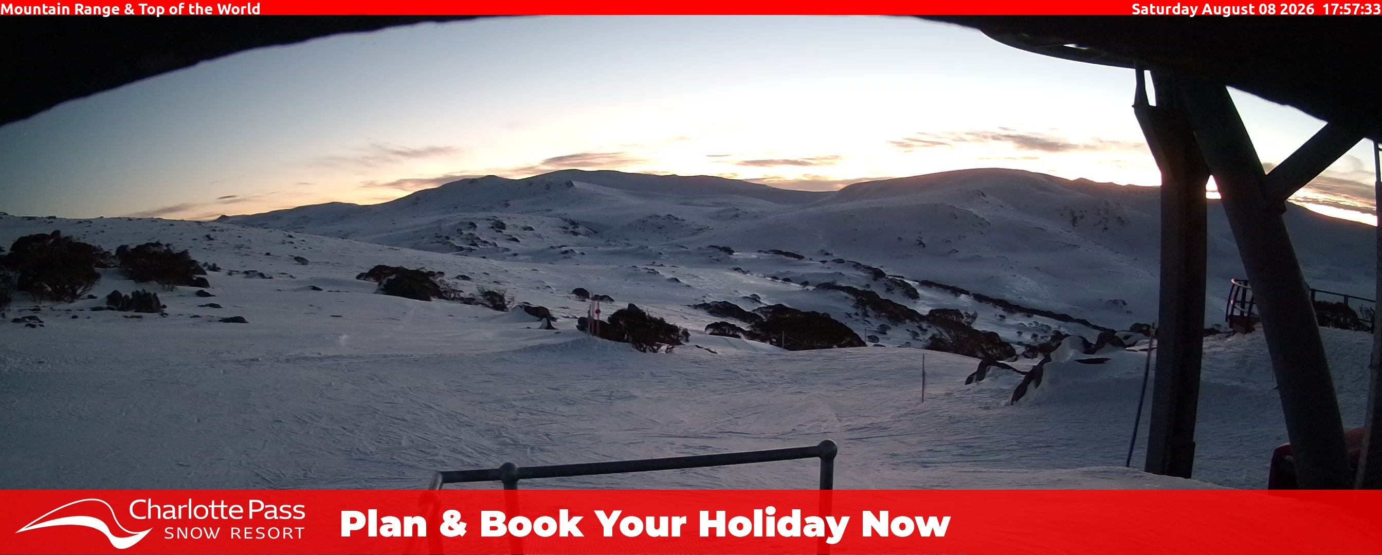 Charlotte Pass Mountain Range and Top of the World snow cam captured at 8 August 2026 at 6:08 pm AEST