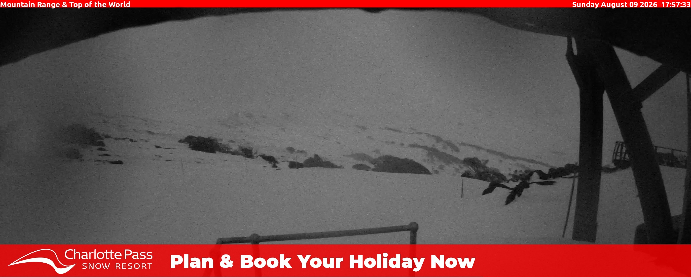 Charlotte Pass Mountain Range and Top of the World snow cam captured at 9 August 2026 at 5:58 pm AEST