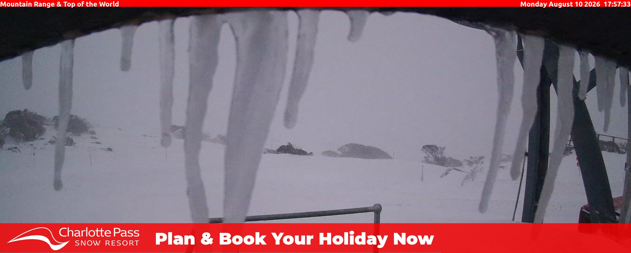 Charlotte Pass Mountain Range and Top of the World snow cam captured at 10 August 2026 at 5:57 pm AEST
