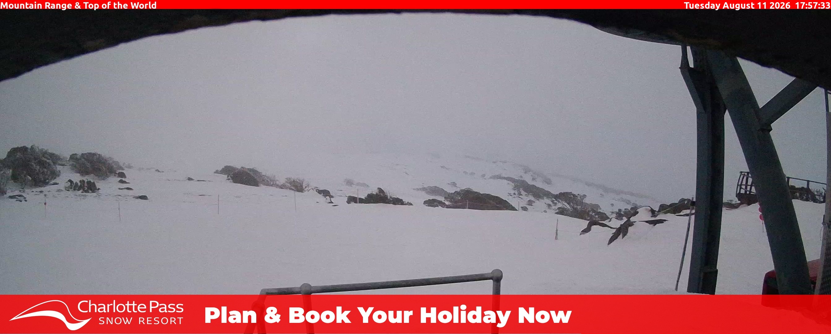 Charlotte Pass Mountain Range and Top of the World snow cam captured at 11 August 2026 at 5:58 pm AEST