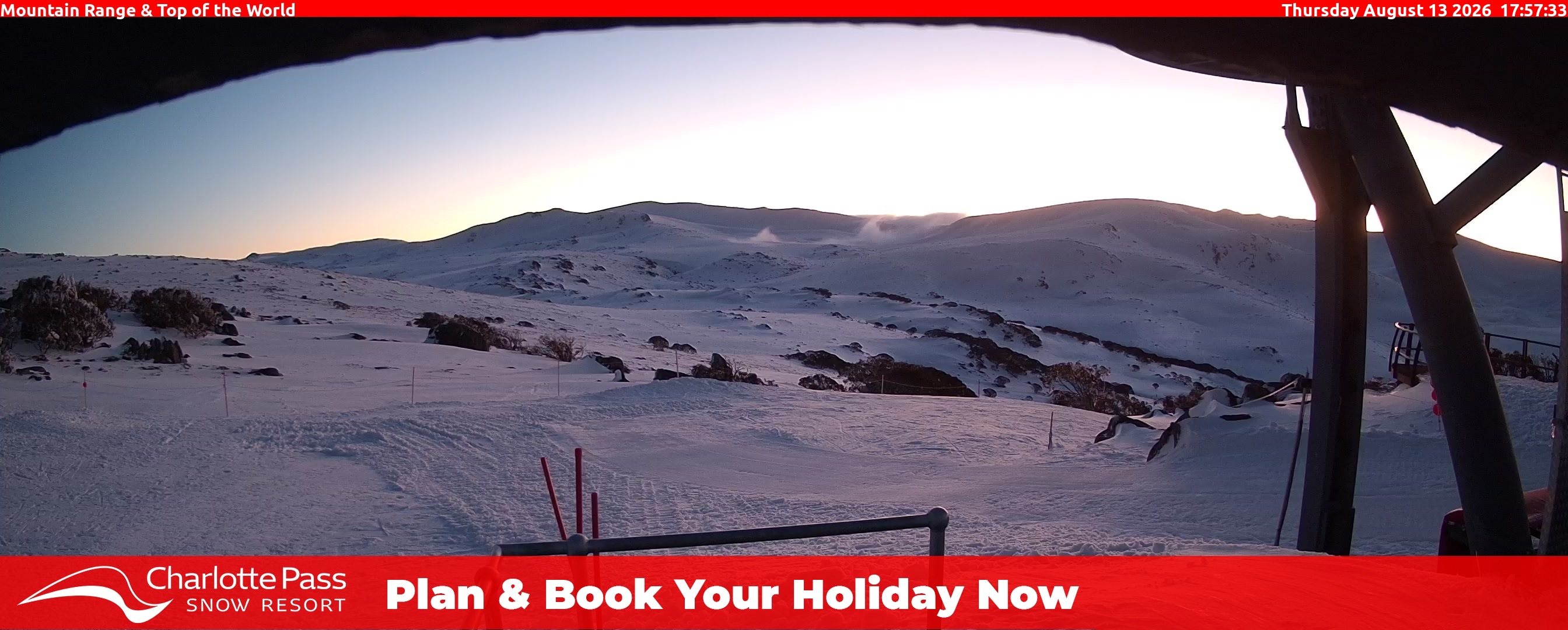 Charlotte Pass Mountain Range and Top of the World snow cam captured at 13 August 2026 at 6:02 pm AEST