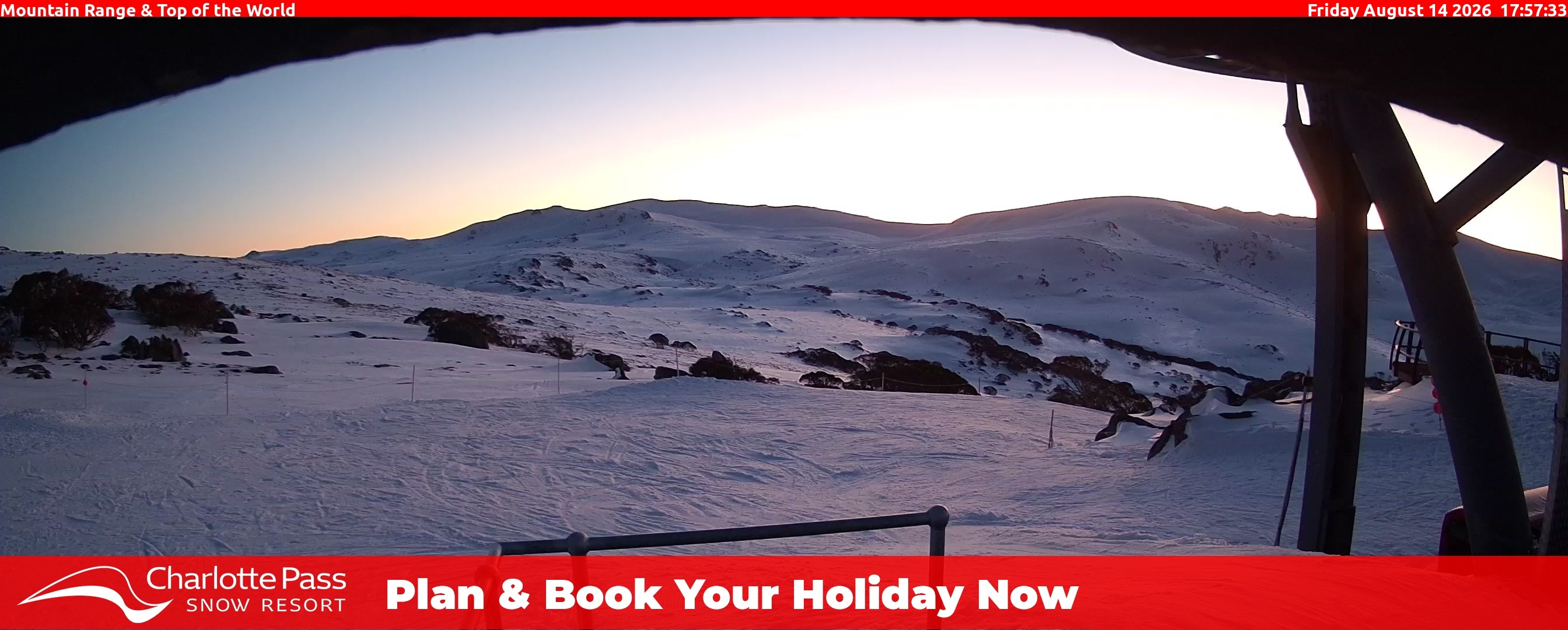 Charlotte Pass Mountain Range and Top of the World snow cam captured at 14 August 2026 at 6:04 pm AEST