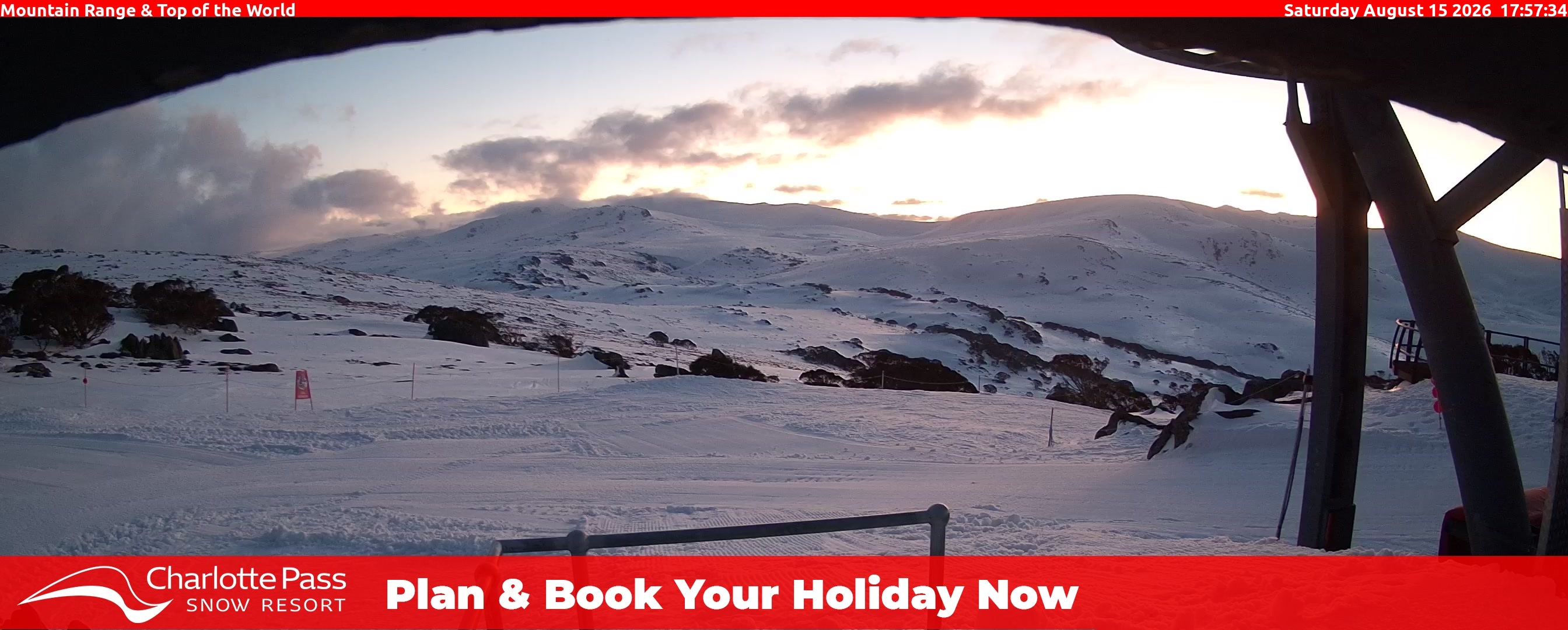 Charlotte Pass Mountain Range and Top of the World snow cam captured at 15 August 2026 at 6:05 pm AEST