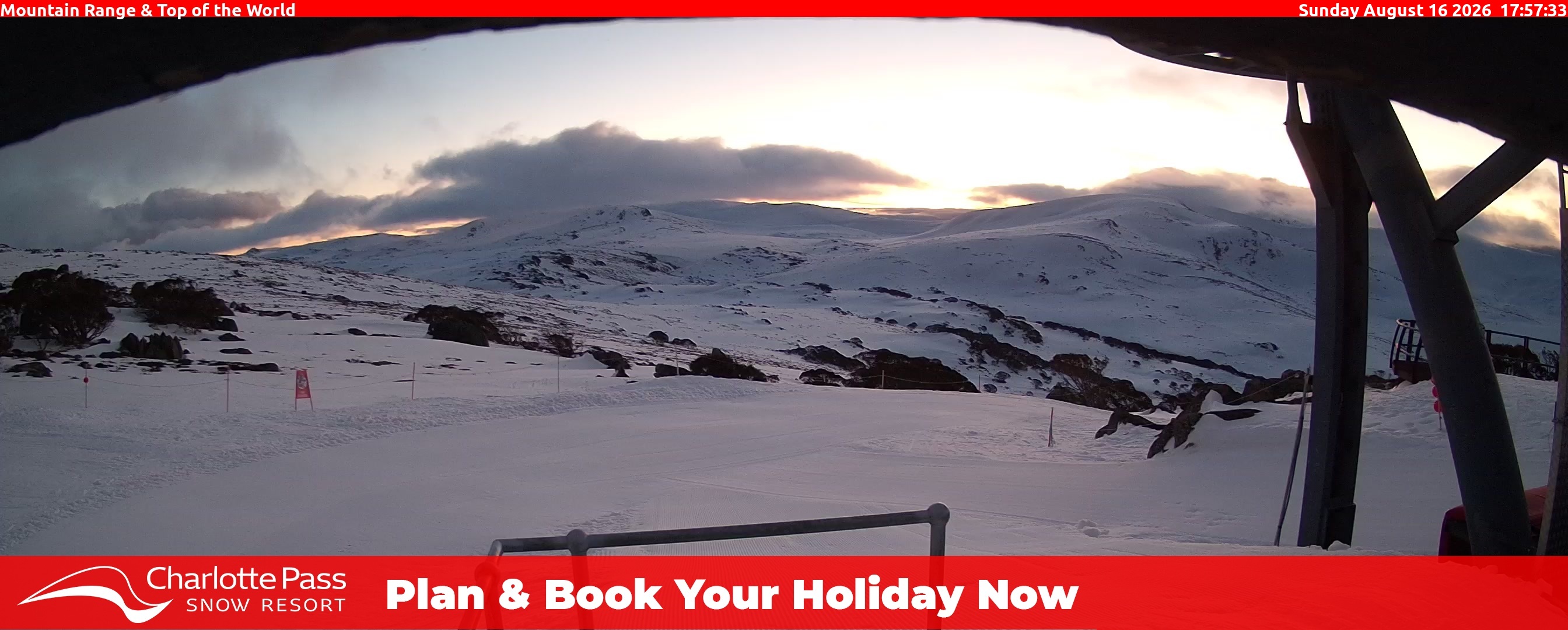 Charlotte Pass Mountain Range and Top of the World snow cam captured at 16 August 2026 at 6:06 pm AEST