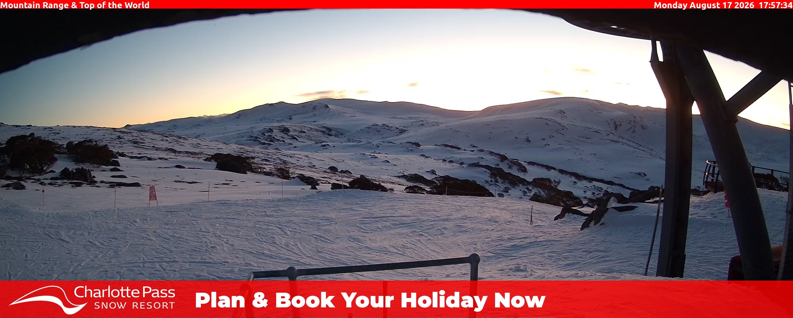 Charlotte Pass Mountain Range and Top of the World snow cam captured at 17 August 2026 at 6:07 pm AEST