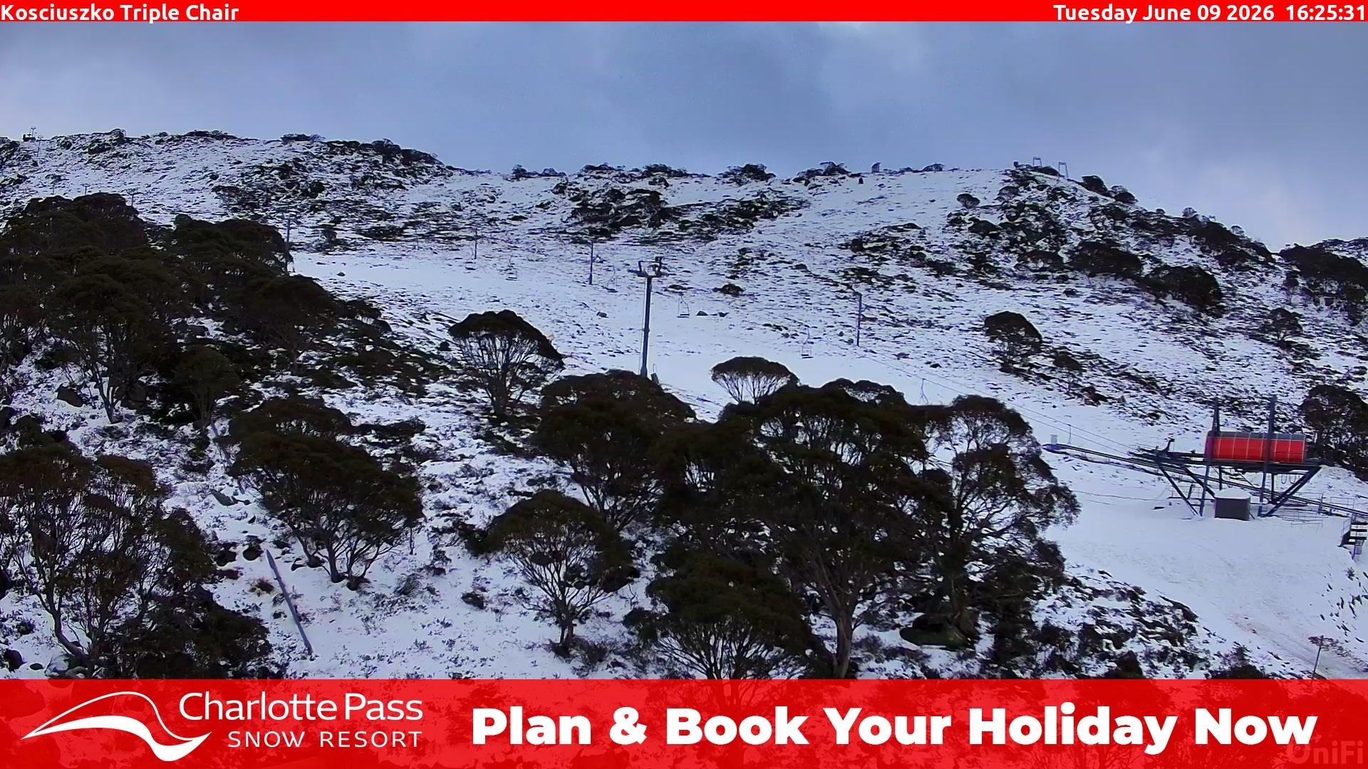 Charlotte Pass Kosciuszko Triple Chair snow cam captured at 9 June 2026, 6:30 am