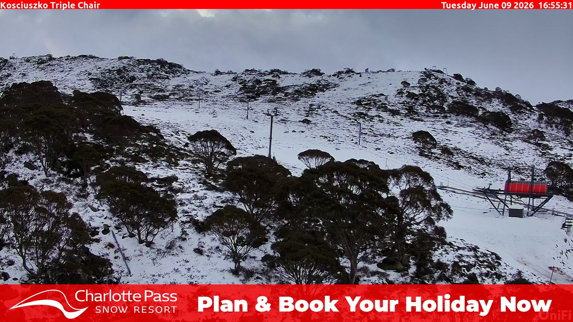 Charlotte Pass Kosciuszko Triple Chair snow cam captured at 9 June 2026, 6:56 am